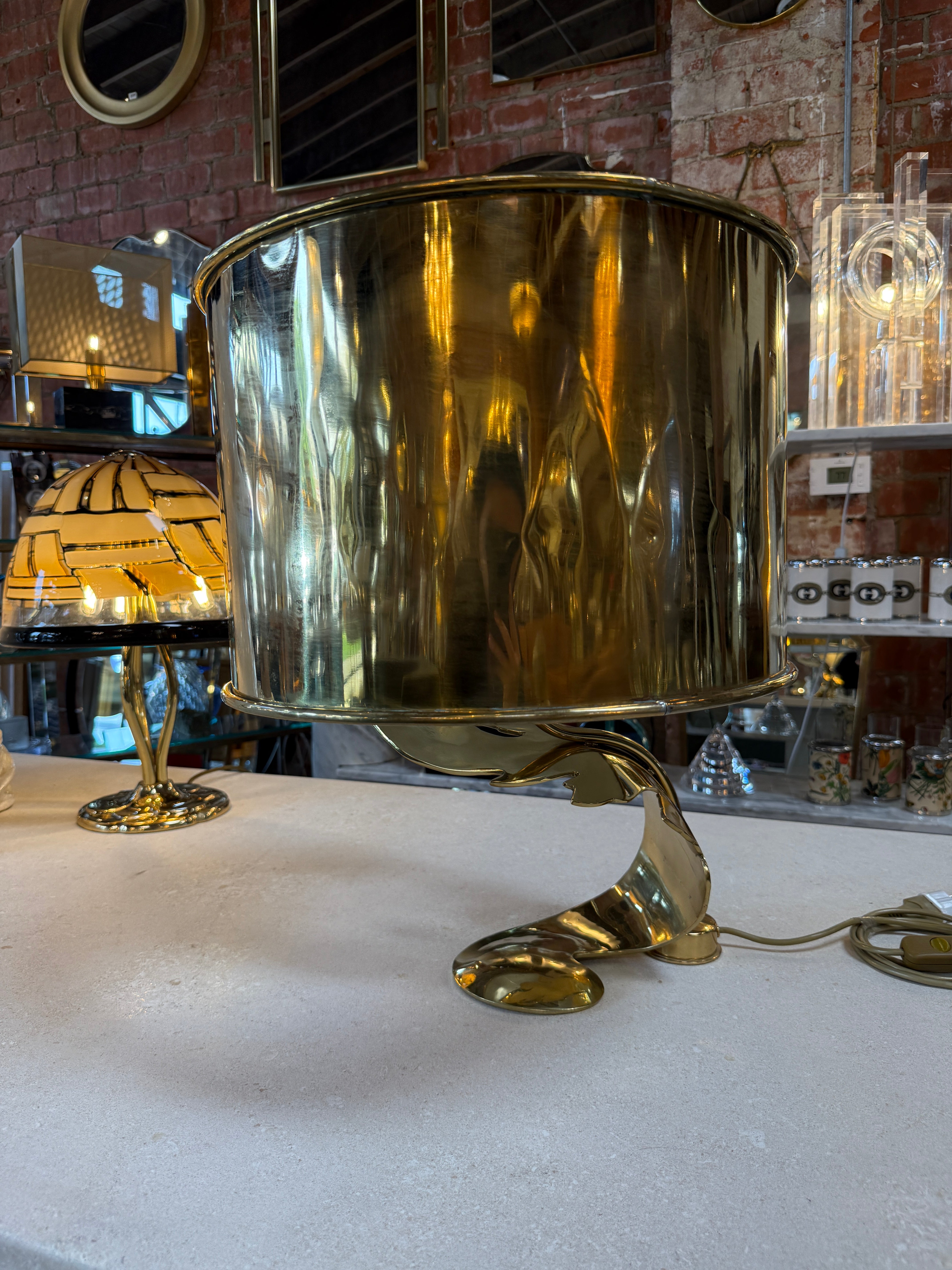 Italian Sculptural Brass Table Lamp with Cylindrical Shade, 1970s