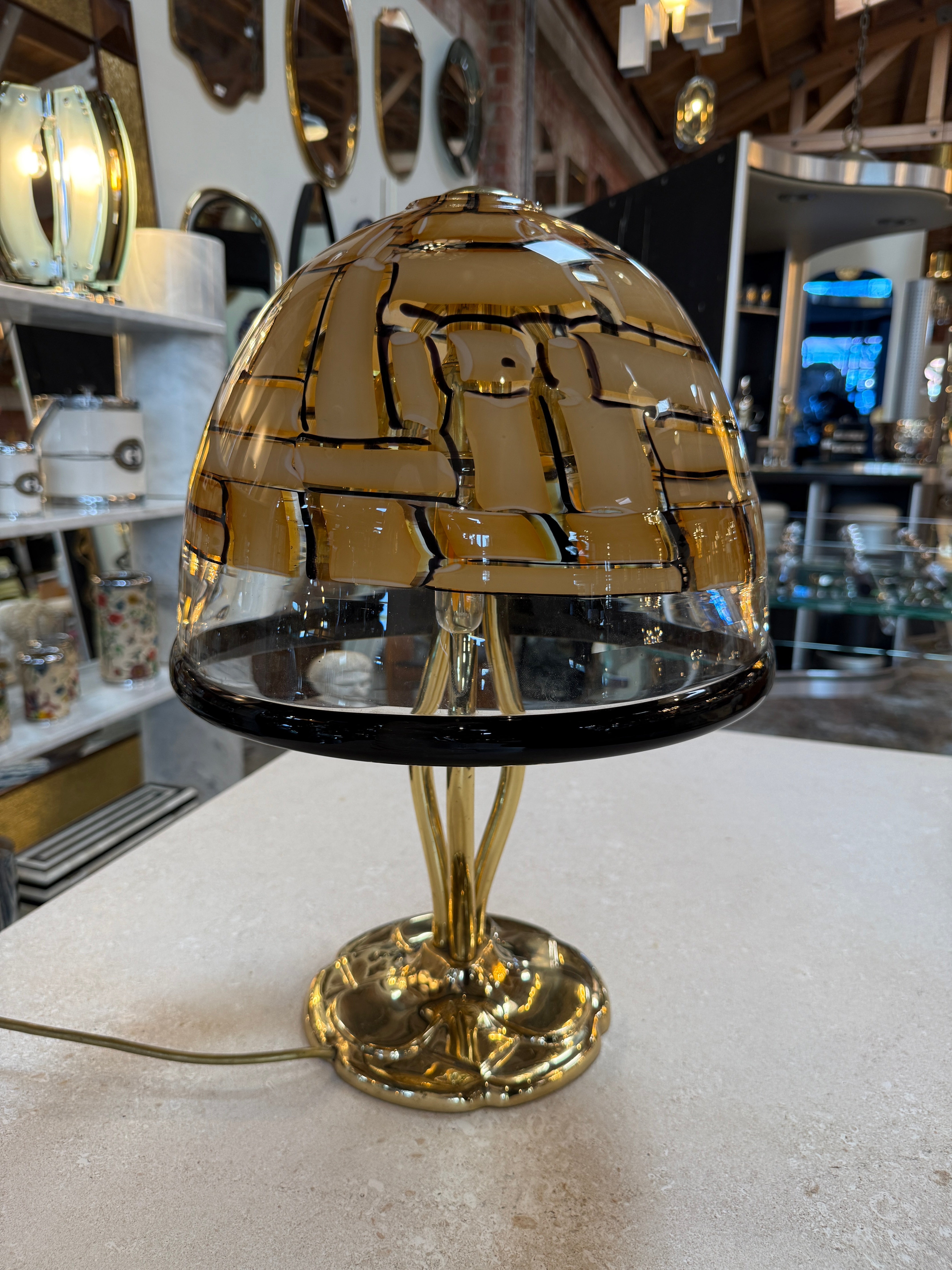 Murano Table Lamp with Amber Dome Shade and Brass Base, 1970s