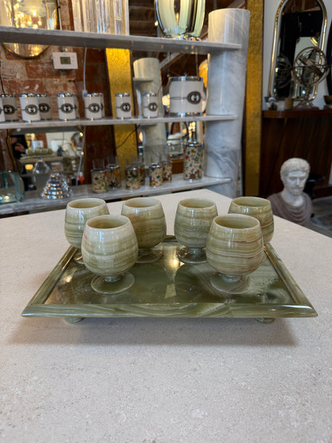 Italian Marble Drink Set with Tray and Six Goblets, 1970s