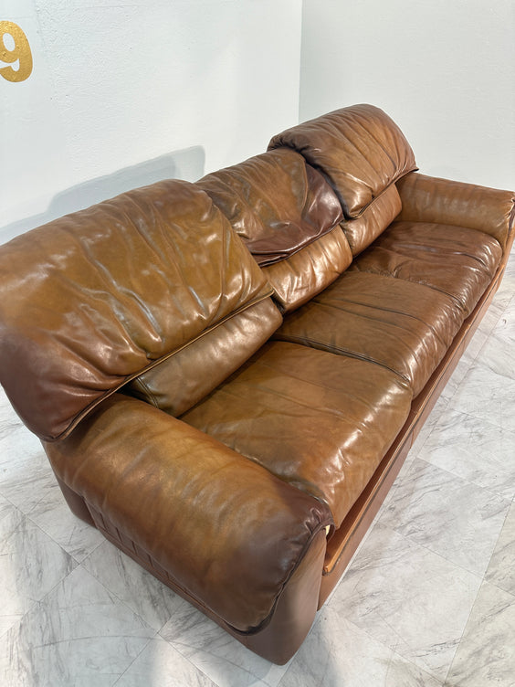 Roche Bobois Three Seater Vintage Sofa in Light Brown Leather