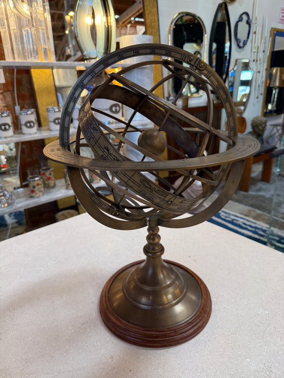 Brass Armillary Sphere on Wooden Base, Celestial Decorative Object