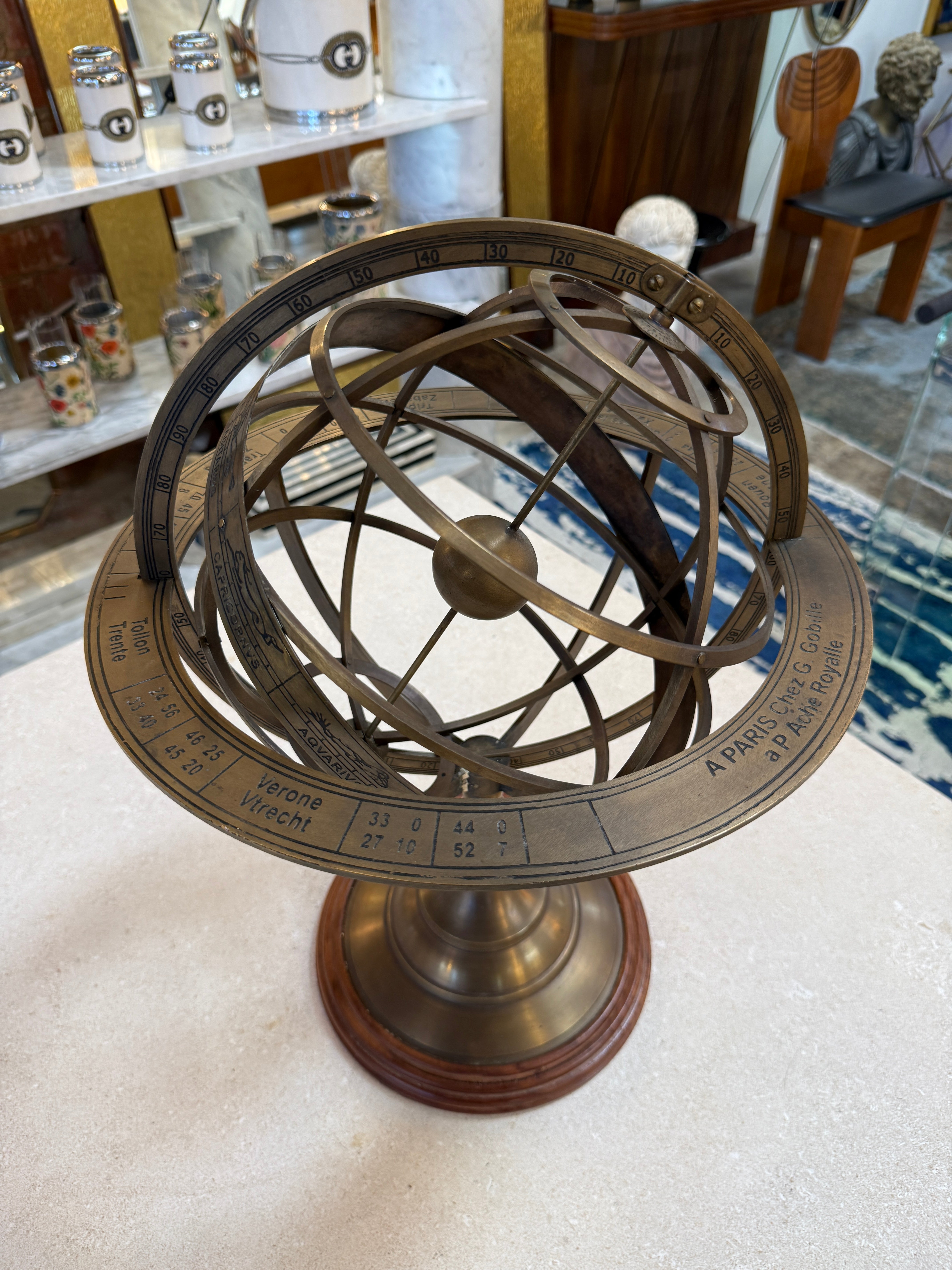 Brass Armillary Sphere on Wooden Base, Celestial Decorative Object