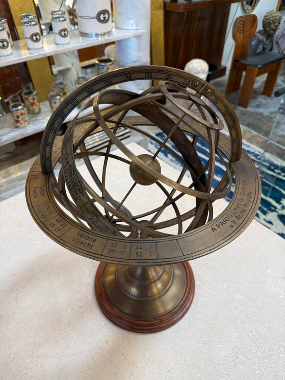Brass Armillary Sphere on Wooden Base, Celestial Decorative Object