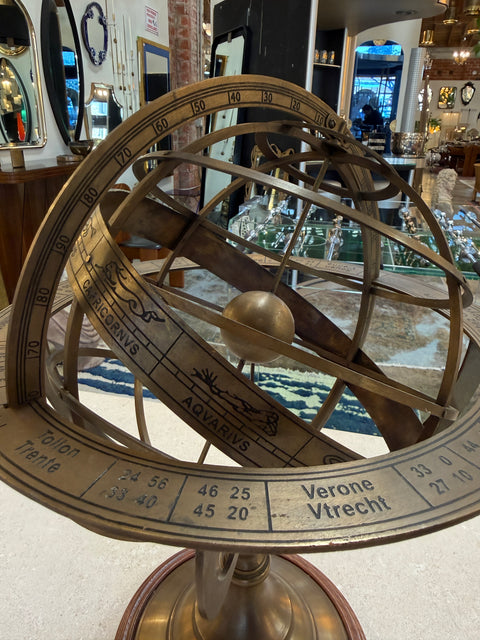 Brass Armillary Sphere on Wooden Base, Celestial Decorative Object