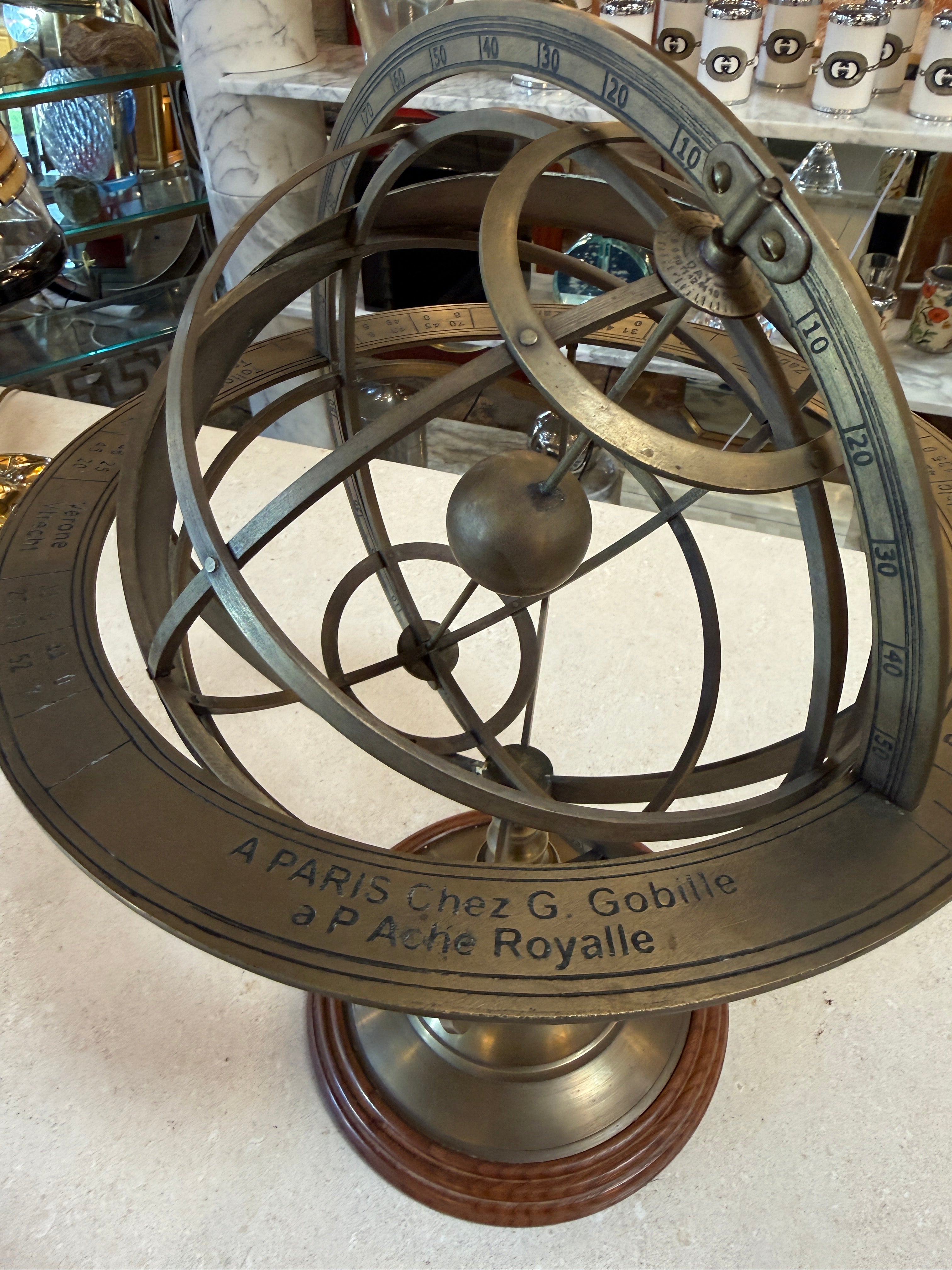 Brass Armillary Sphere on Wooden Base, Celestial Decorative Object