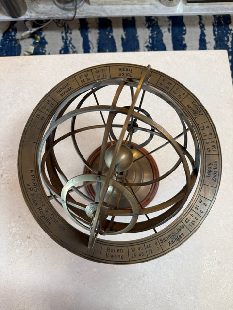 Brass Armillary Sphere on Wooden Base, Celestial Decorative Object