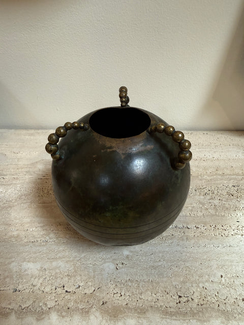 Sculptural Italian Patinated Brass Vase with Beaded Handles, 1970s