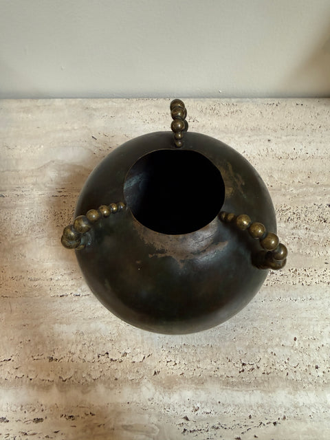 Sculptural Italian Patinated Brass Vase with Beaded Handles, 1970s