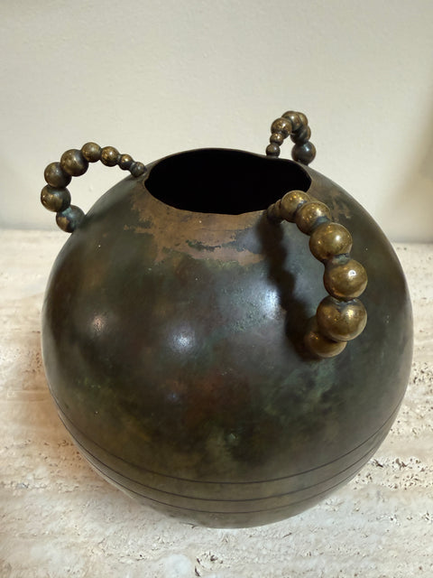 Sculptural Italian Patinated Brass Vase with Beaded Handles, 1970s