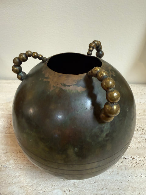 Sculptural Italian Patinated Brass Vase with Beaded Handles, 1970s