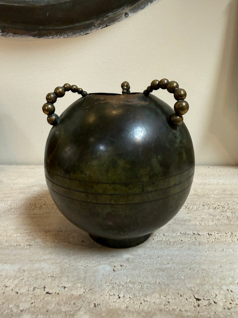 Sculptural Italian Patinated Brass Vase with Beaded Handles, 1970s