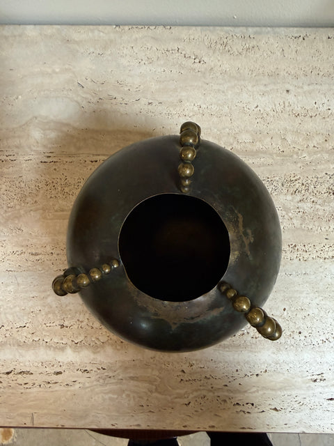 Sculptural Italian Patinated Brass Vase with Beaded Handles, 1970s