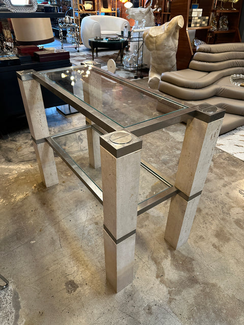 Console Table by François Catroux in chrome and travertine for Angeletti Italy 1973