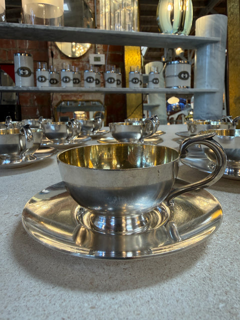 Italian Silver-Plate Tea Cup and Saucer Set, 12 Pieces, Mid-Century