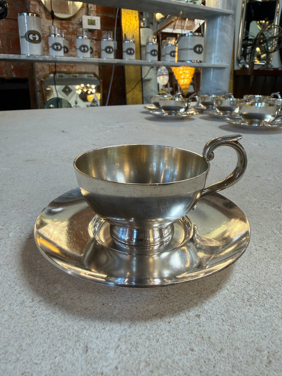 Italian Silver-Plate Tea Cup and Saucer Set, 12 Pieces, Mid-Century