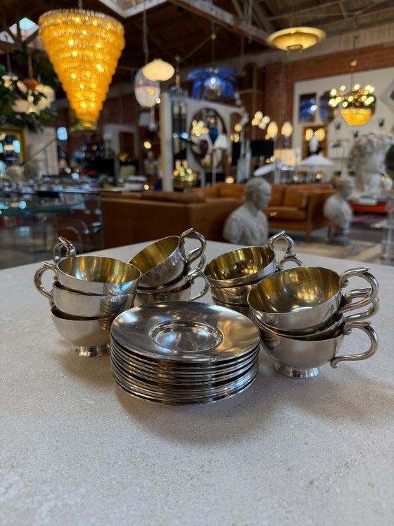 Italian Silver-Plate Tea Cup and Saucer Set, 12 Pieces, Mid-Century