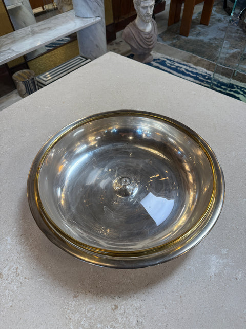 Italian Glass and Silver-Plate Serving Bowl with Brass Rim, 1970s