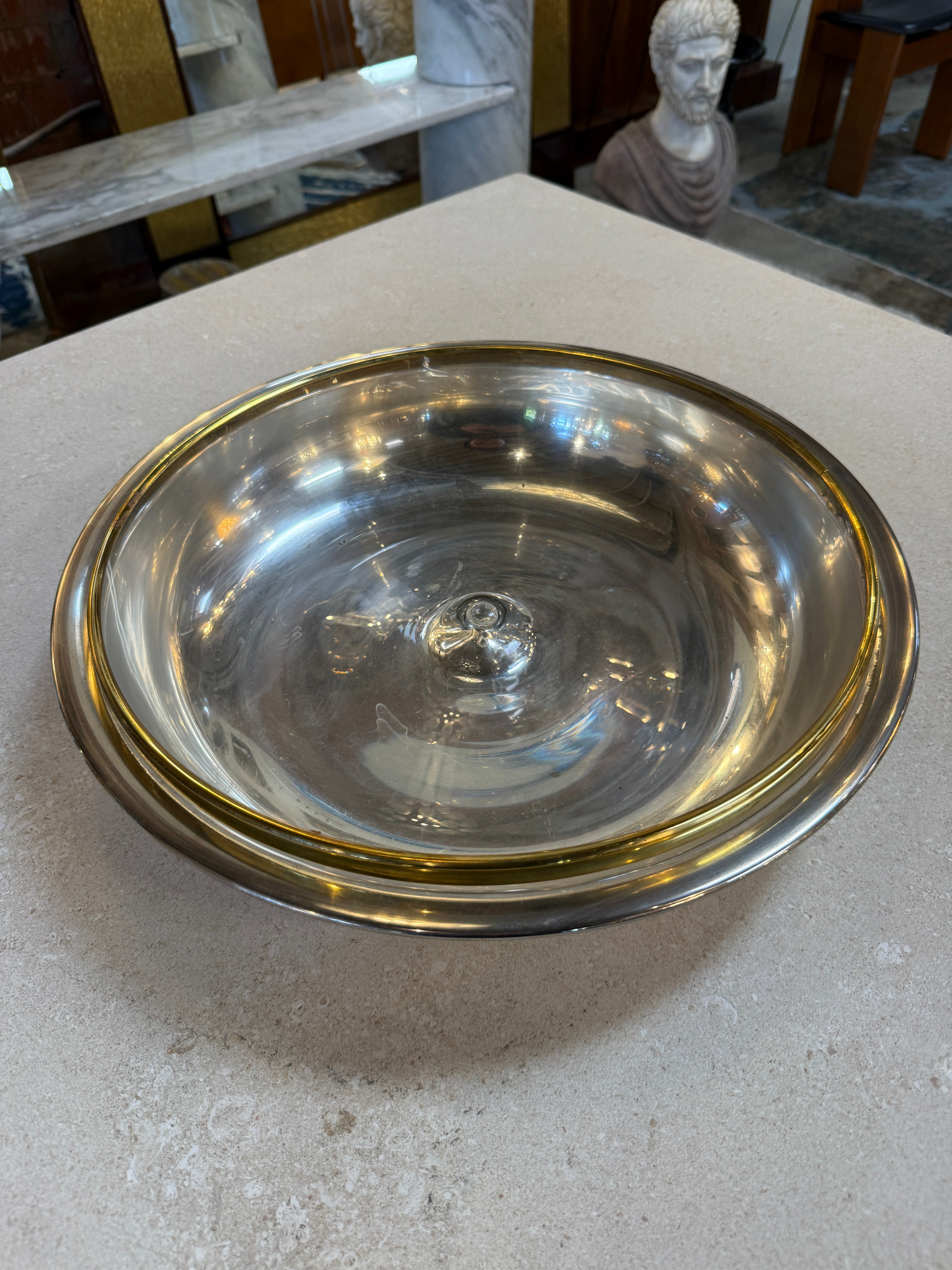 Italian Glass and Silver-Plate Serving Bowl with Brass Rim, 1970s