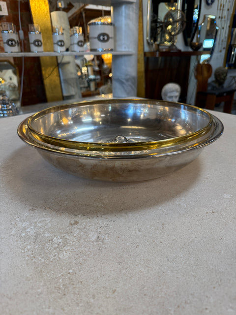 Italian Glass and Silver-Plate Serving Bowl with Brass Rim, 1970s