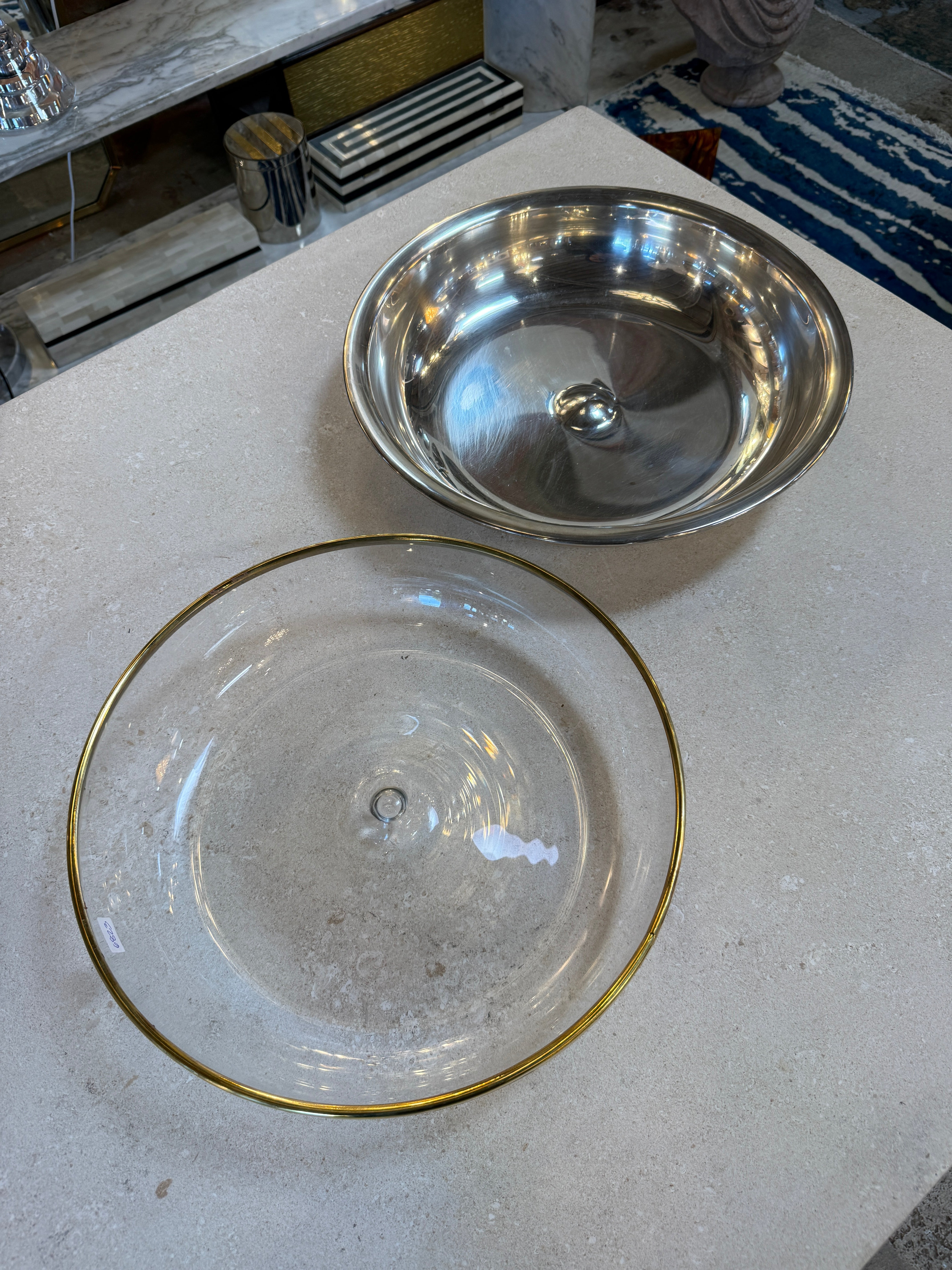 Italian Glass and Silver-Plate Serving Bowl with Brass Rim, 1970s