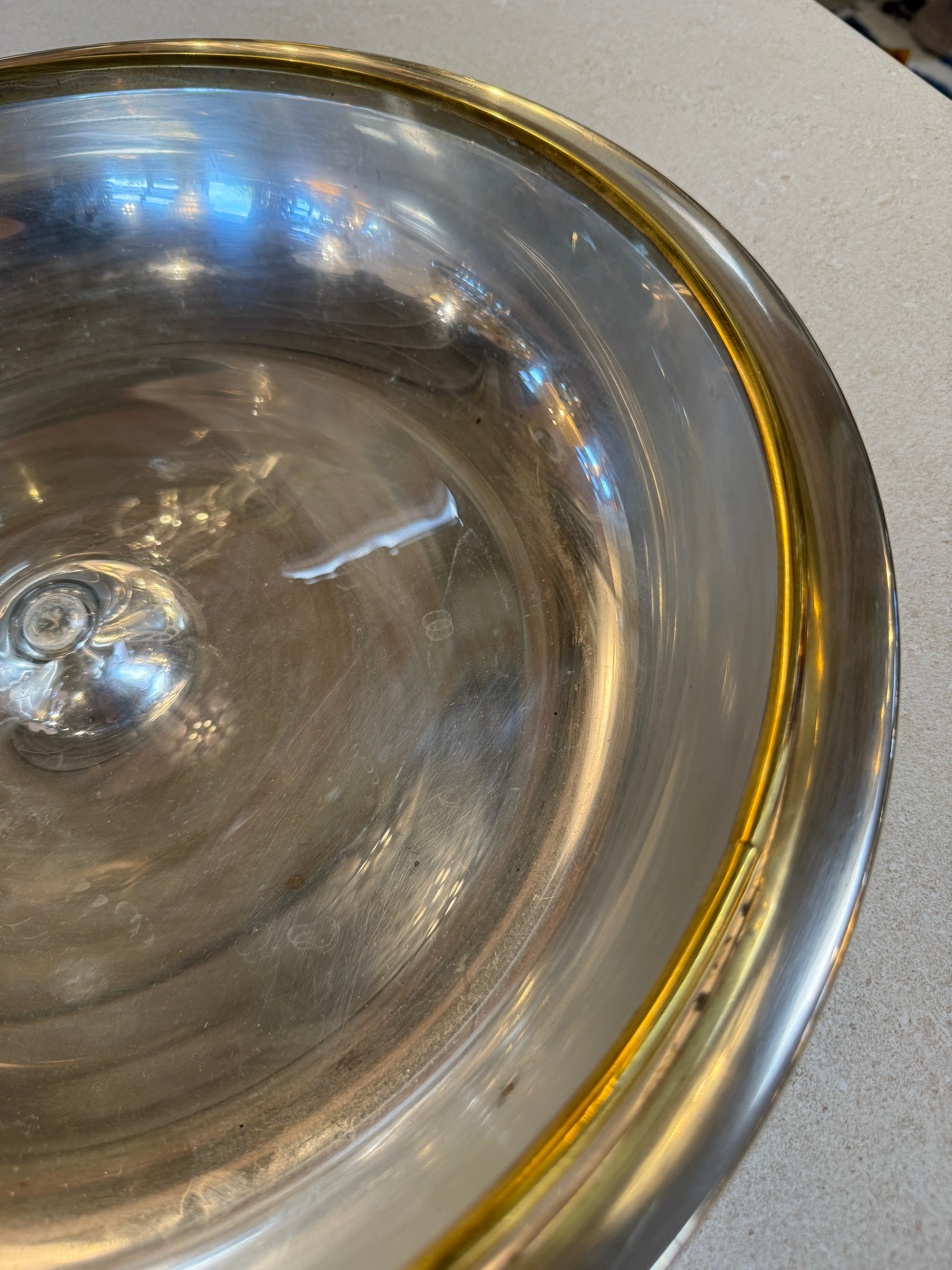 Italian Glass and Silver-Plate Serving Bowl with Brass Rim, 1970s