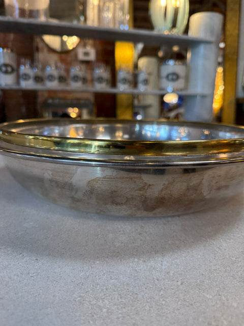 Italian Glass and Silver-Plate Serving Bowl with Brass Rim, 1970s