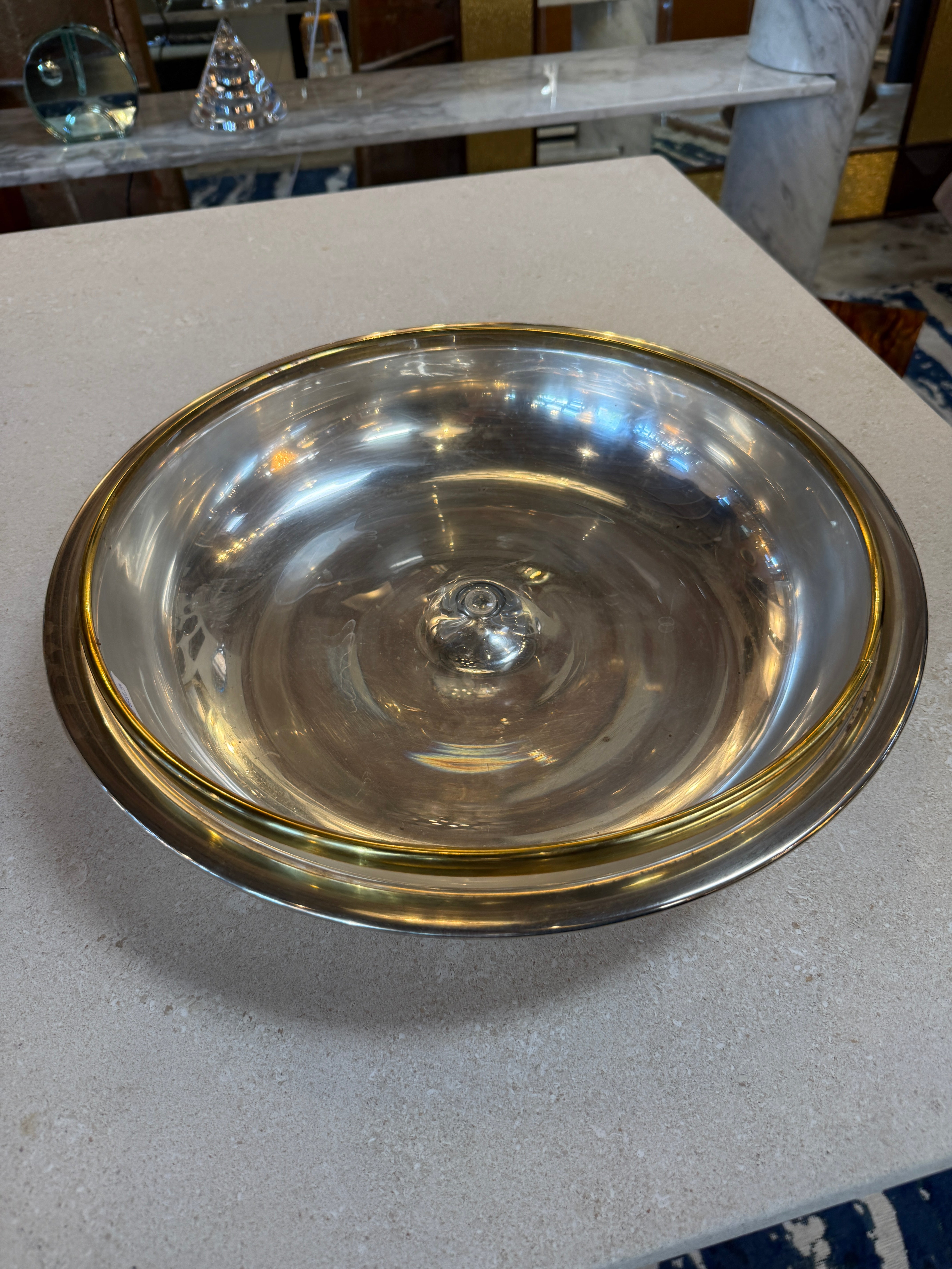 Italian Glass and Silver-Plate Serving Bowl with Brass Rim, 1970s