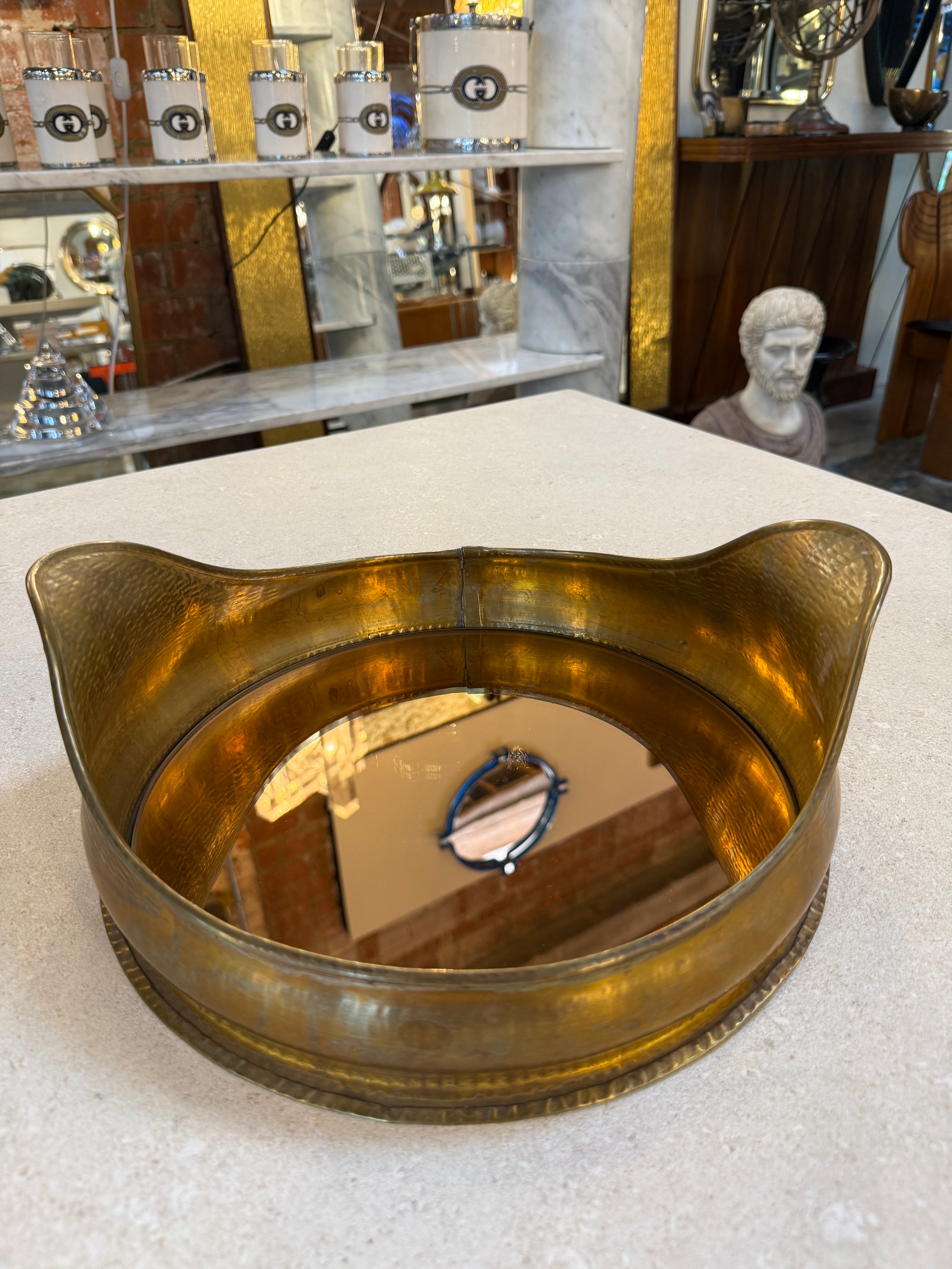 Italian Hammered Brass Organic Mirror Tray, 1970s