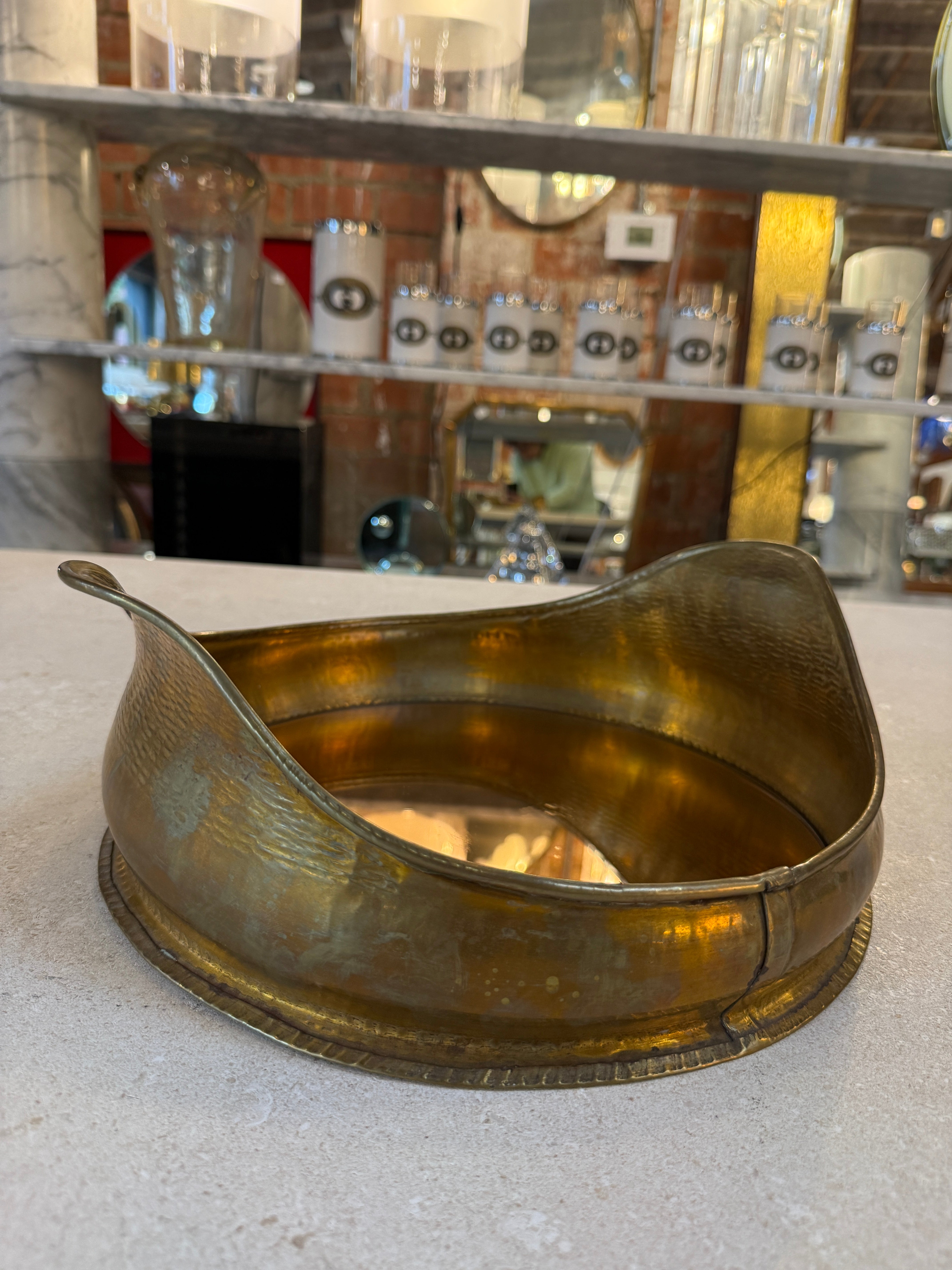 Italian Hammered Brass Organic Mirror Tray, 1970s
