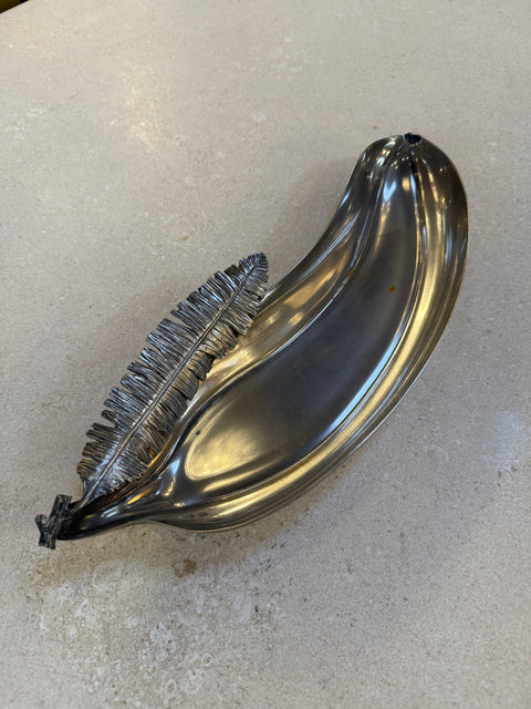 Italian Silvered Metal Banana Leaf Dish, 1970s