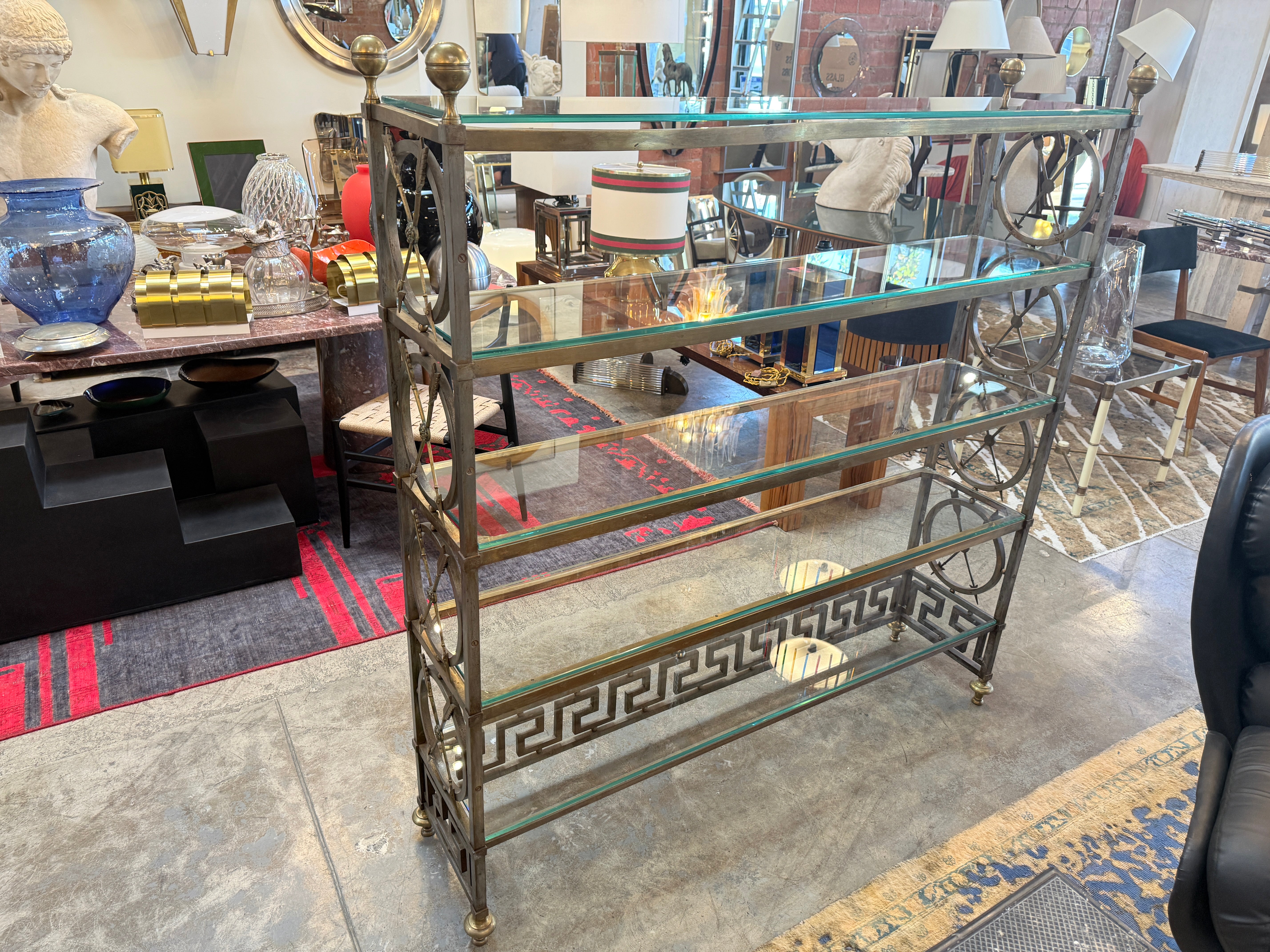 Vintage Neoclassical Brass and Glass Étagère with Greek Key Detail