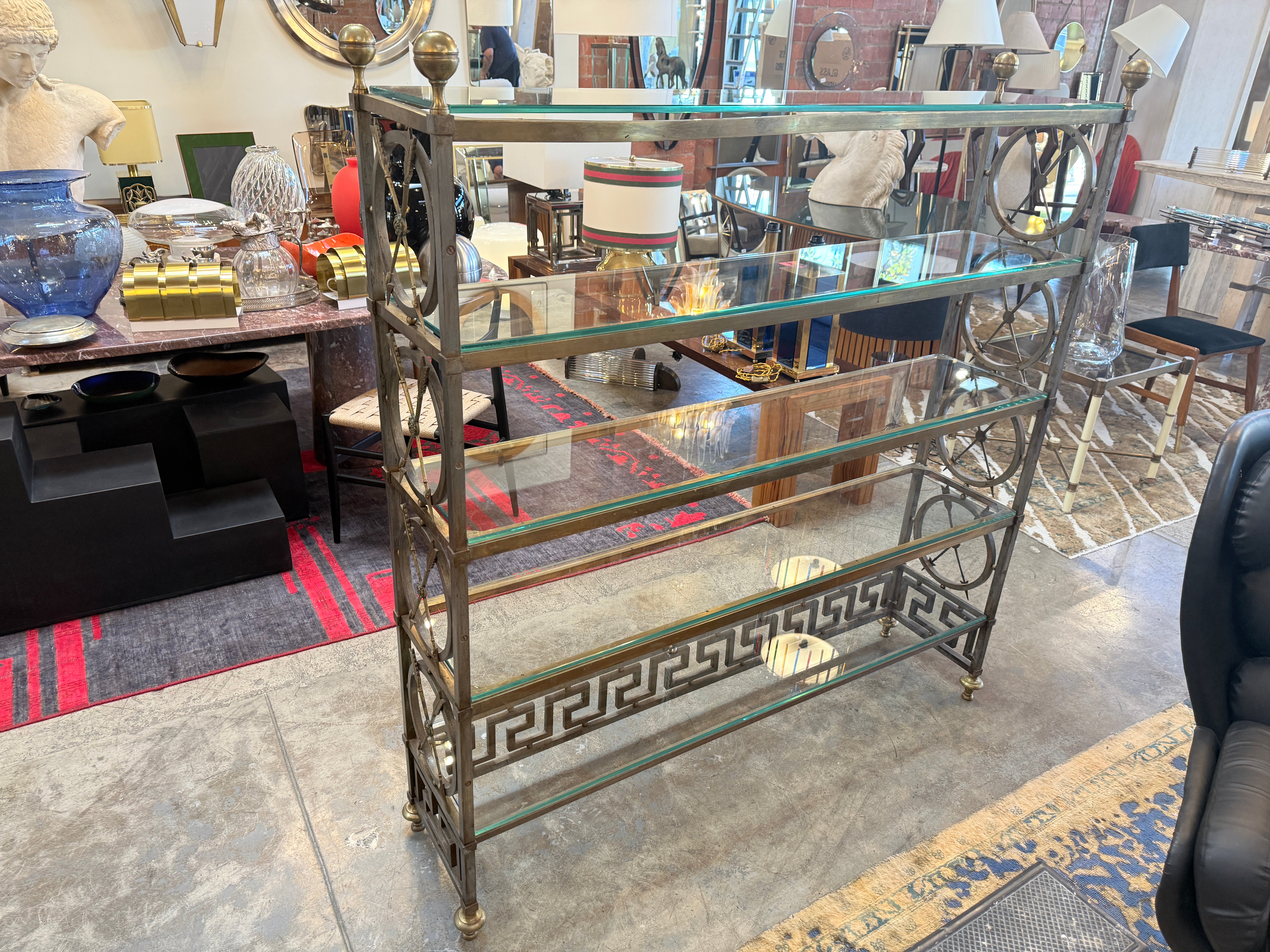 Vintage Neoclassical Brass and Glass Étagère with Greek Key Detail