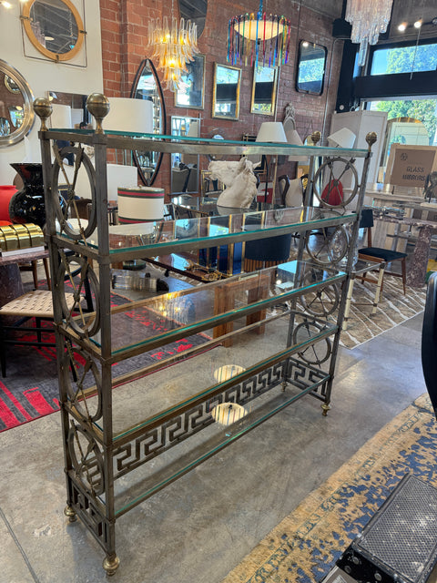 Vintage Neoclassical Brass and Glass Étagère with Greek Key Detail