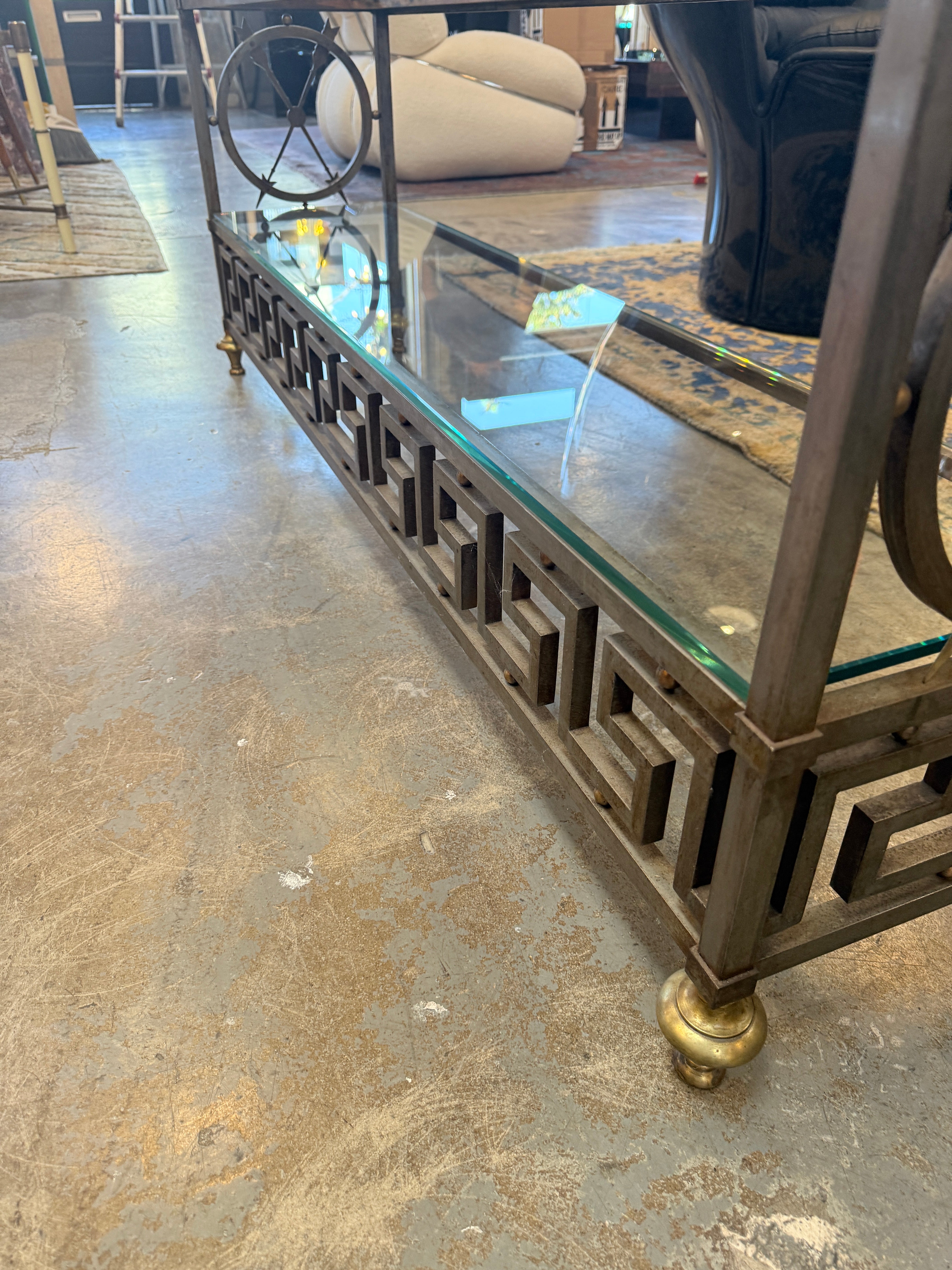 Vintage Neoclassical Brass and Glass Étagère with Greek Key Detail