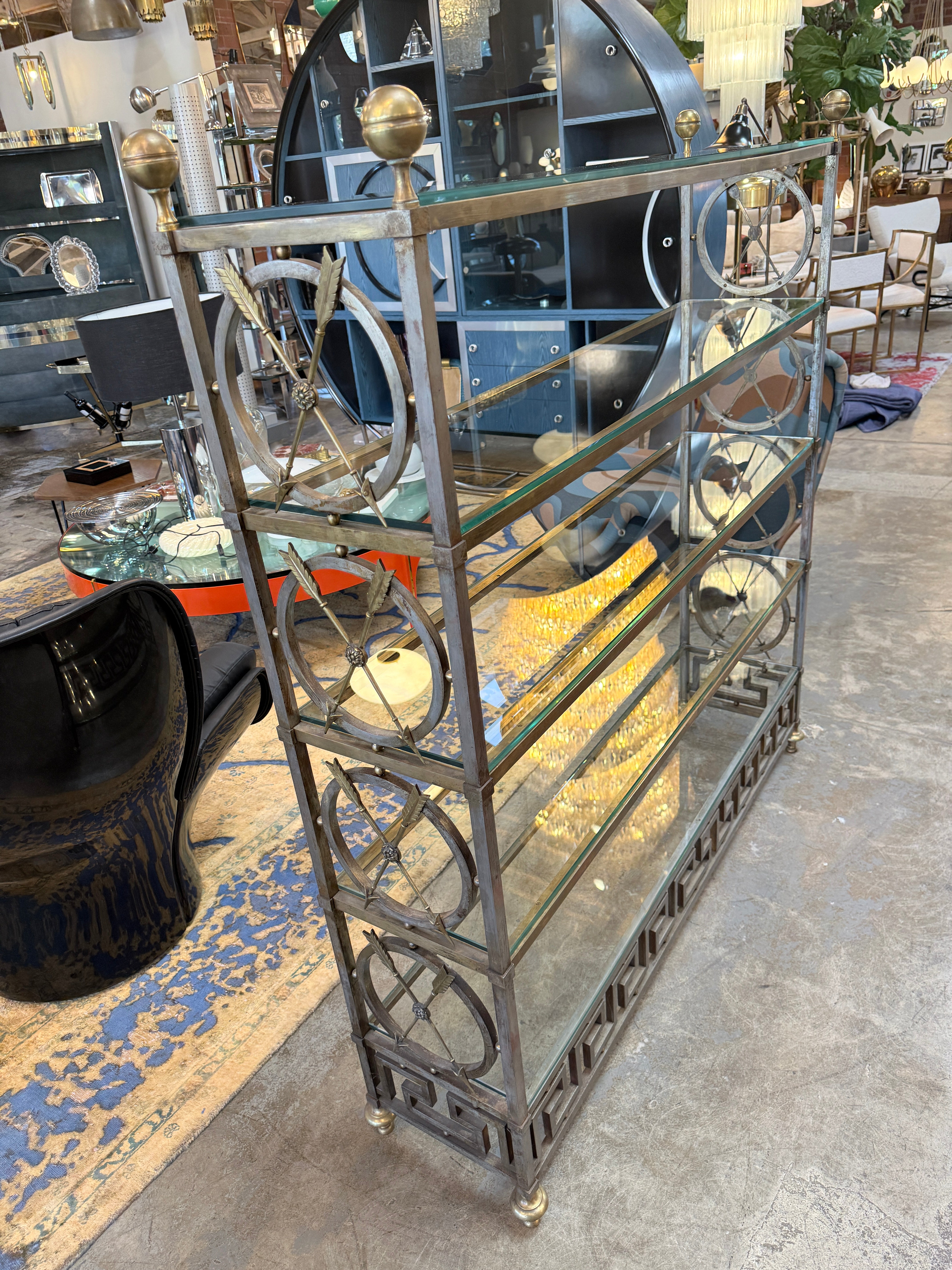 Vintage Neoclassical Brass and Glass Étagère with Greek Key Detail