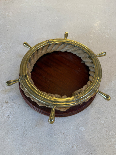 Nautical Ship Wheel Brass and Rope Catchall, 1970s
