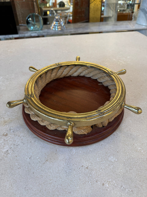 Nautical Ship Wheel Brass and Rope Catchall, 1970s