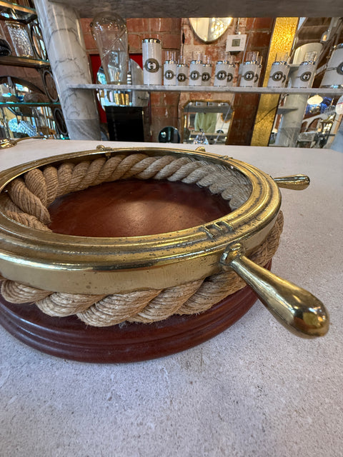 Nautical Ship Wheel Brass and Rope Catchall, 1970s