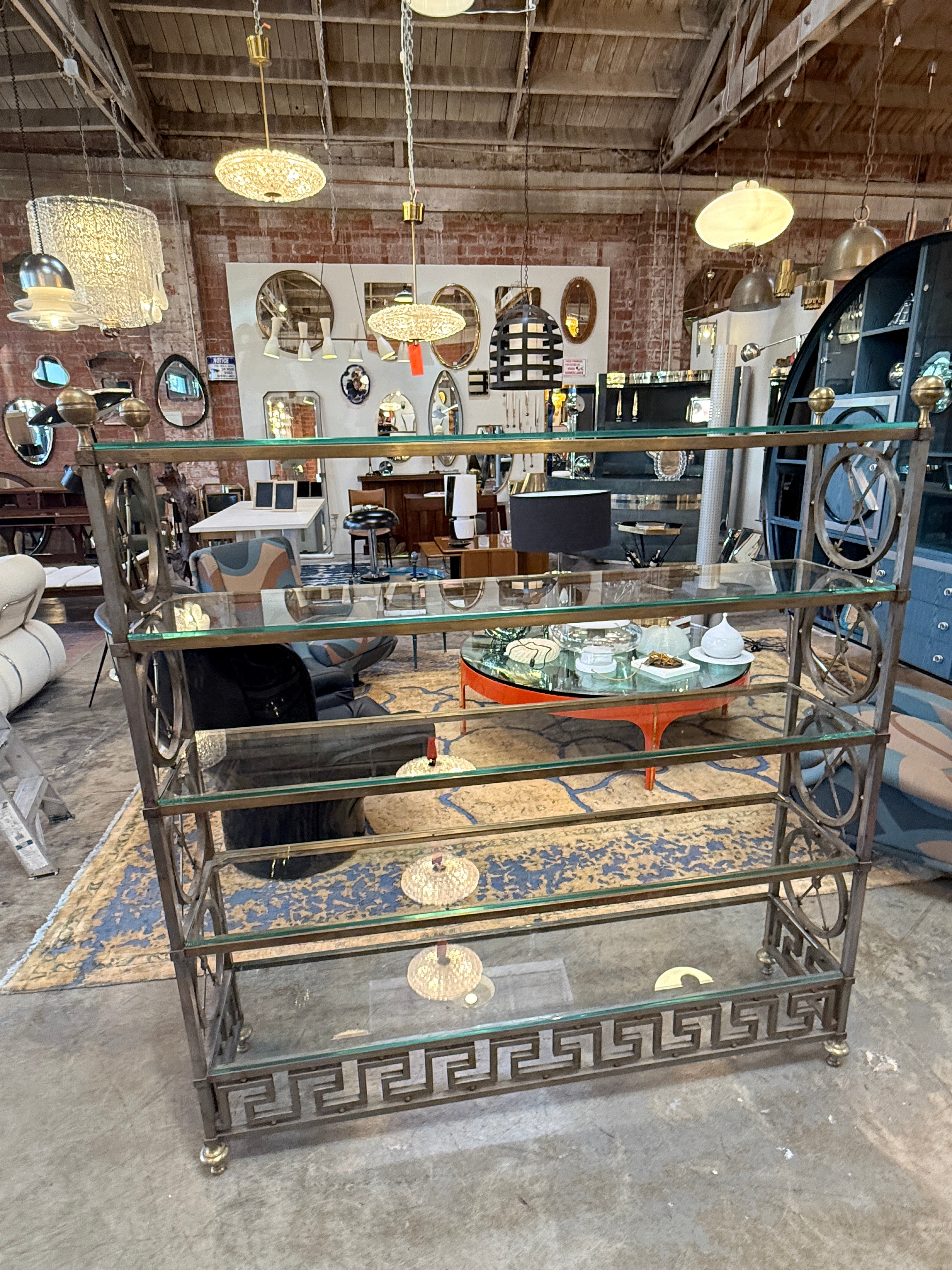 Vintage Neoclassical Brass and Glass Étagère with Greek Key Detail