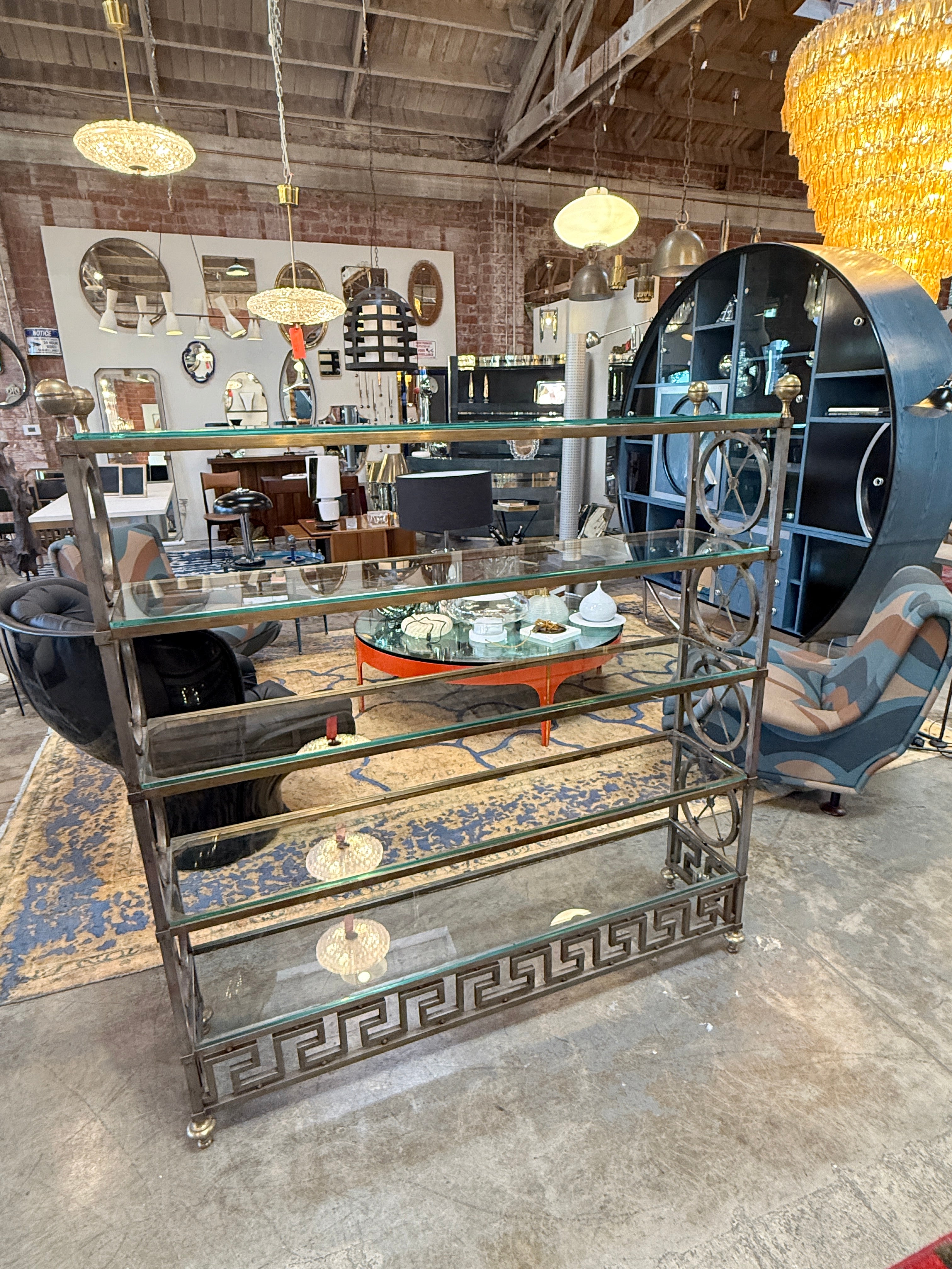 Vintage Neoclassical Brass and Glass Étagère with Greek Key Detail