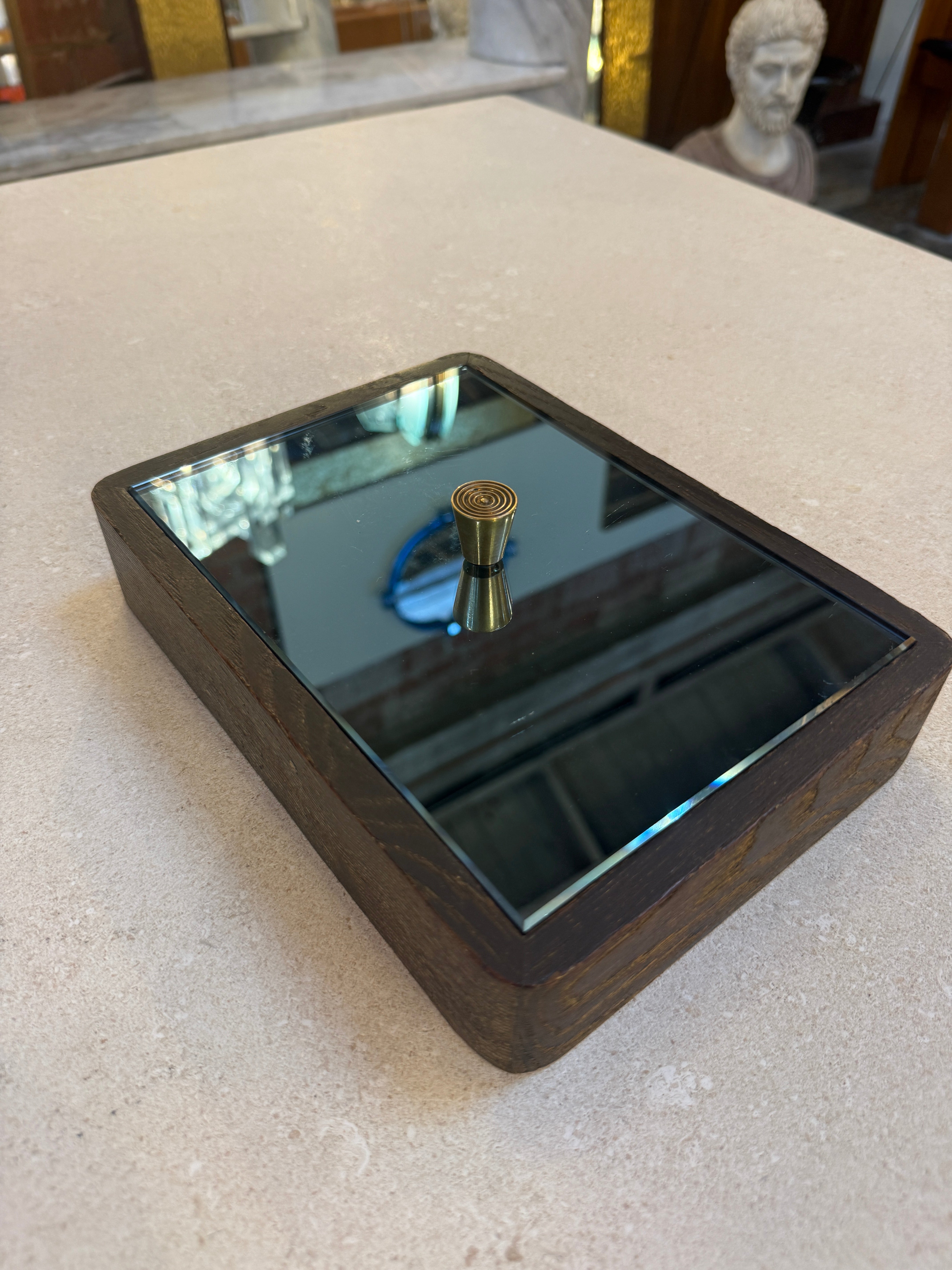 Italian Mid-Century Wood and Mirrored Box with Brass Knob, 1960s
