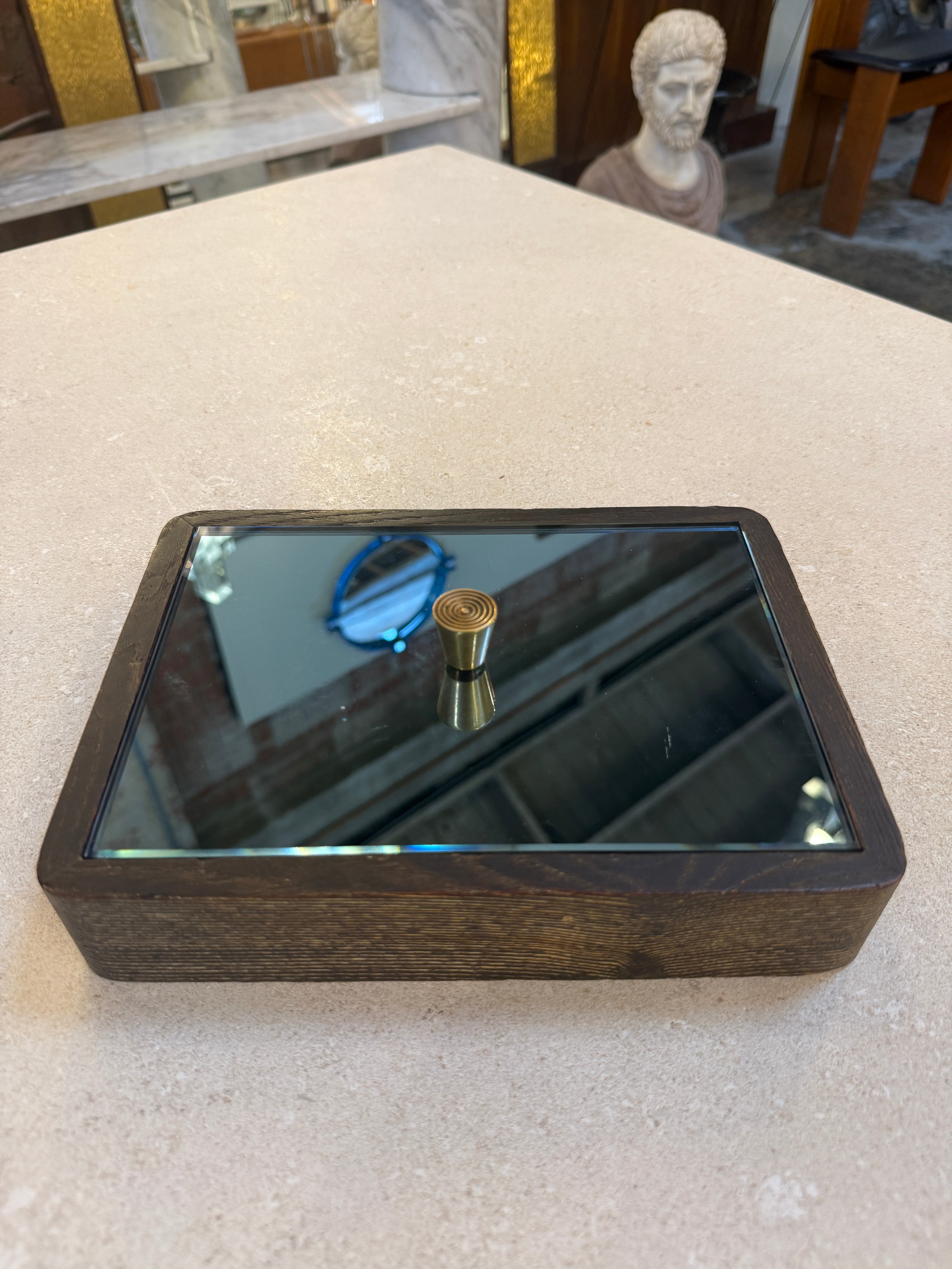 Italian Mid-Century Wood and Mirrored Box with Brass Knob, 1960s
