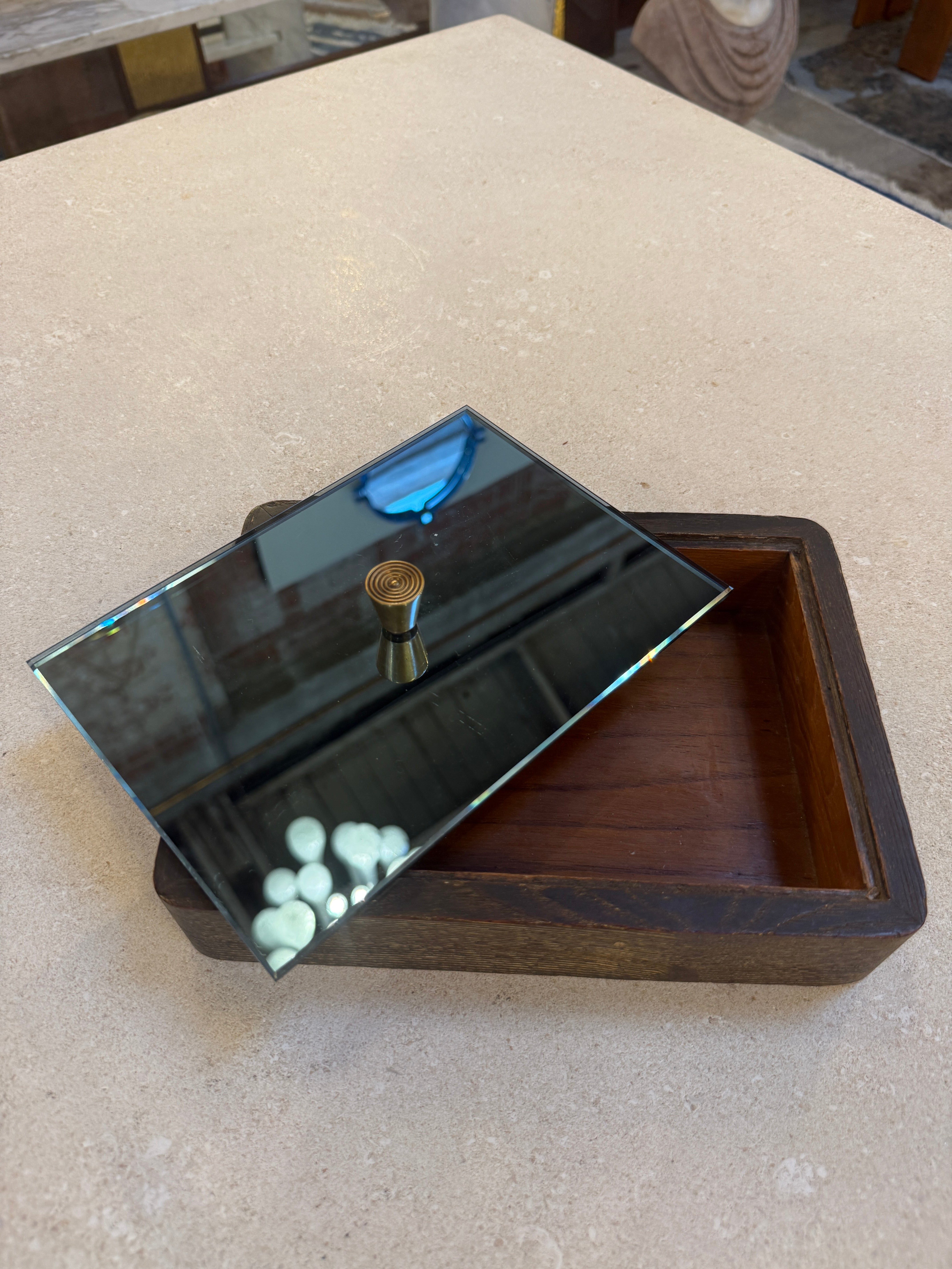Italian Mid-Century Wood and Mirrored Box with Brass Knob, 1960s