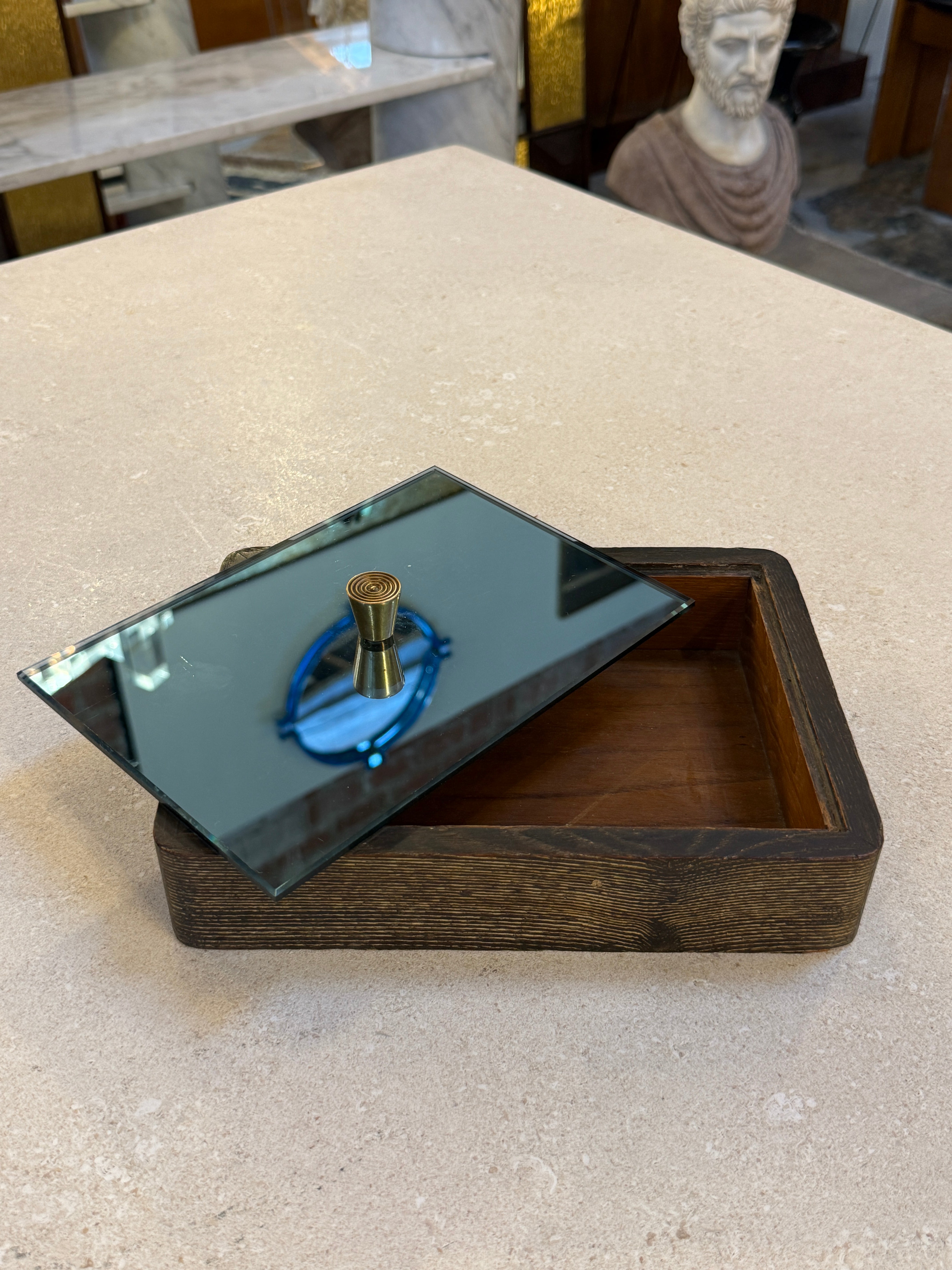 Italian Mid-Century Wood and Mirrored Box with Brass Knob, 1960s