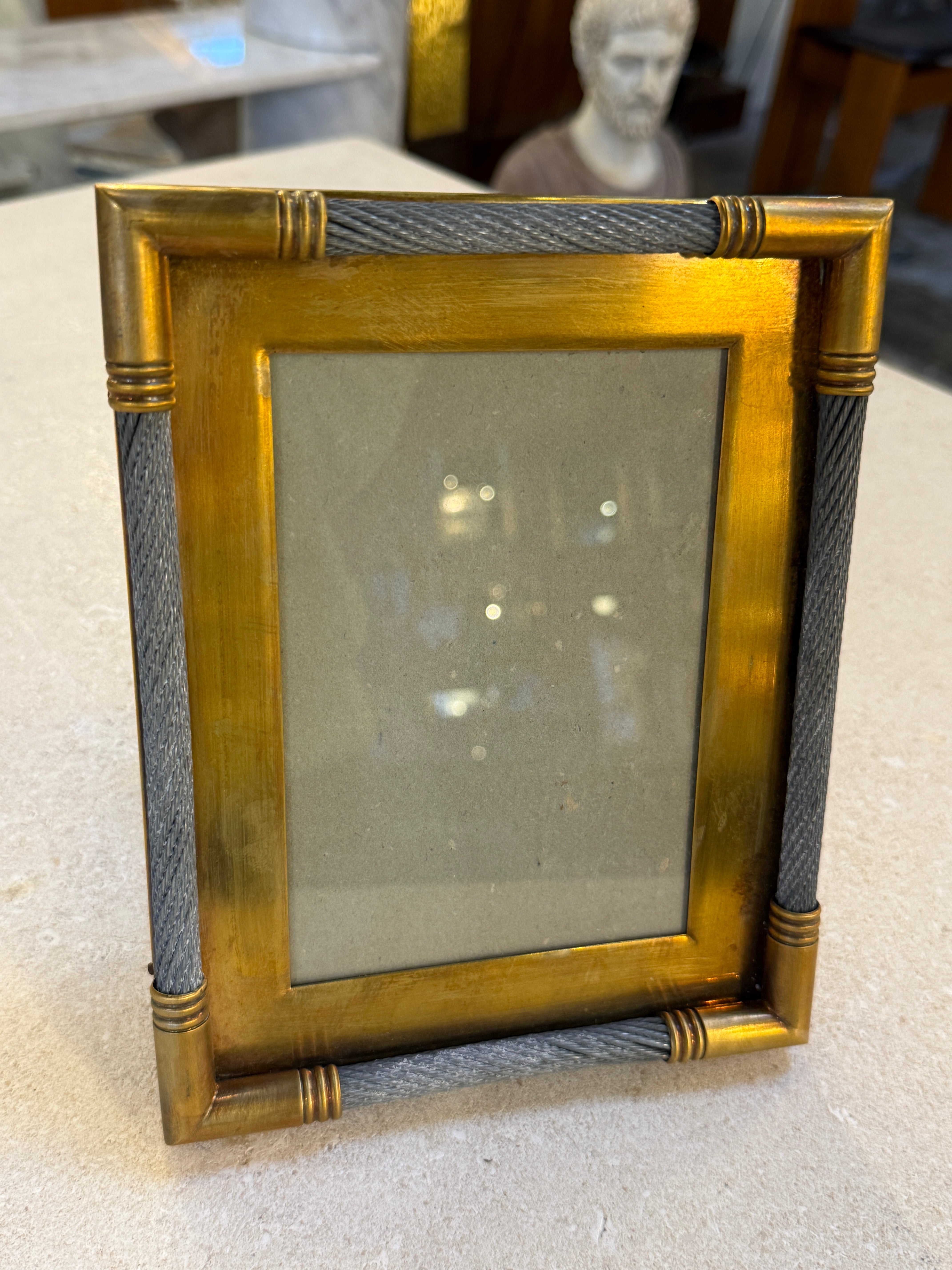 Vintage Italian Brass Photo Frame with Steel Cable Detail, 1970s