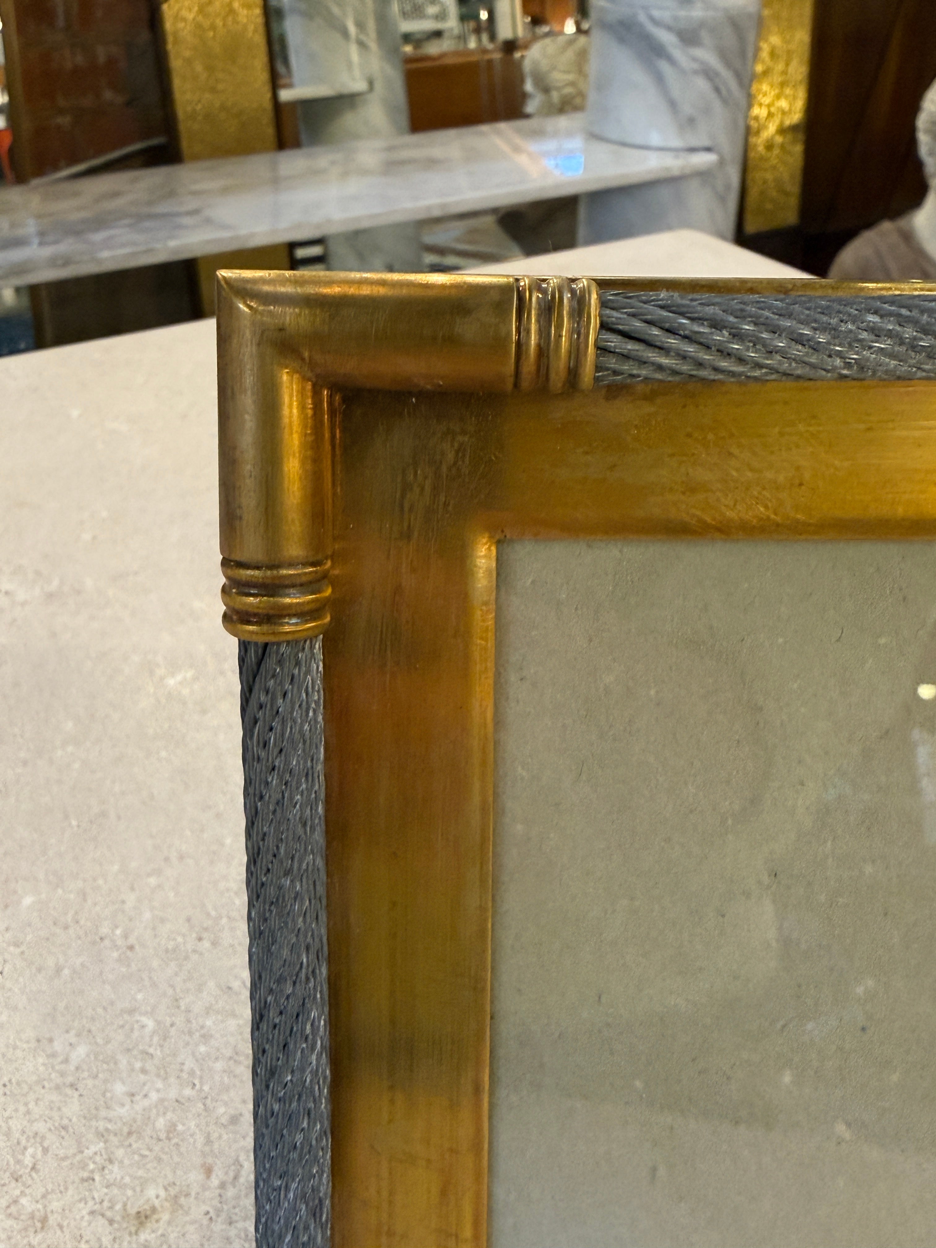 Vintage Italian Brass Photo Frame with Steel Cable Detail, 1970s