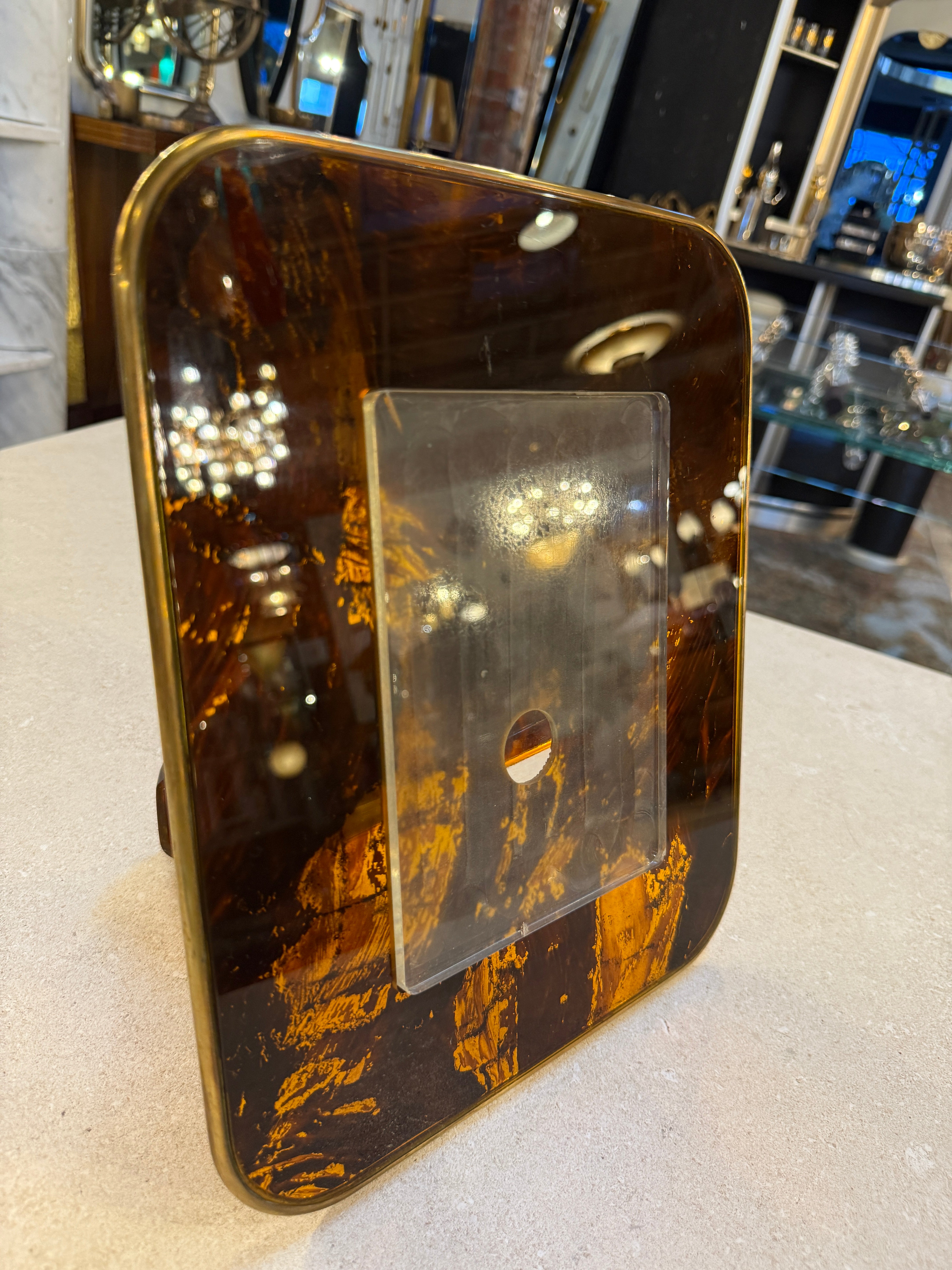 Mid-Century Tortoiseshell Lucite and Brass Picture Frame, 1970s