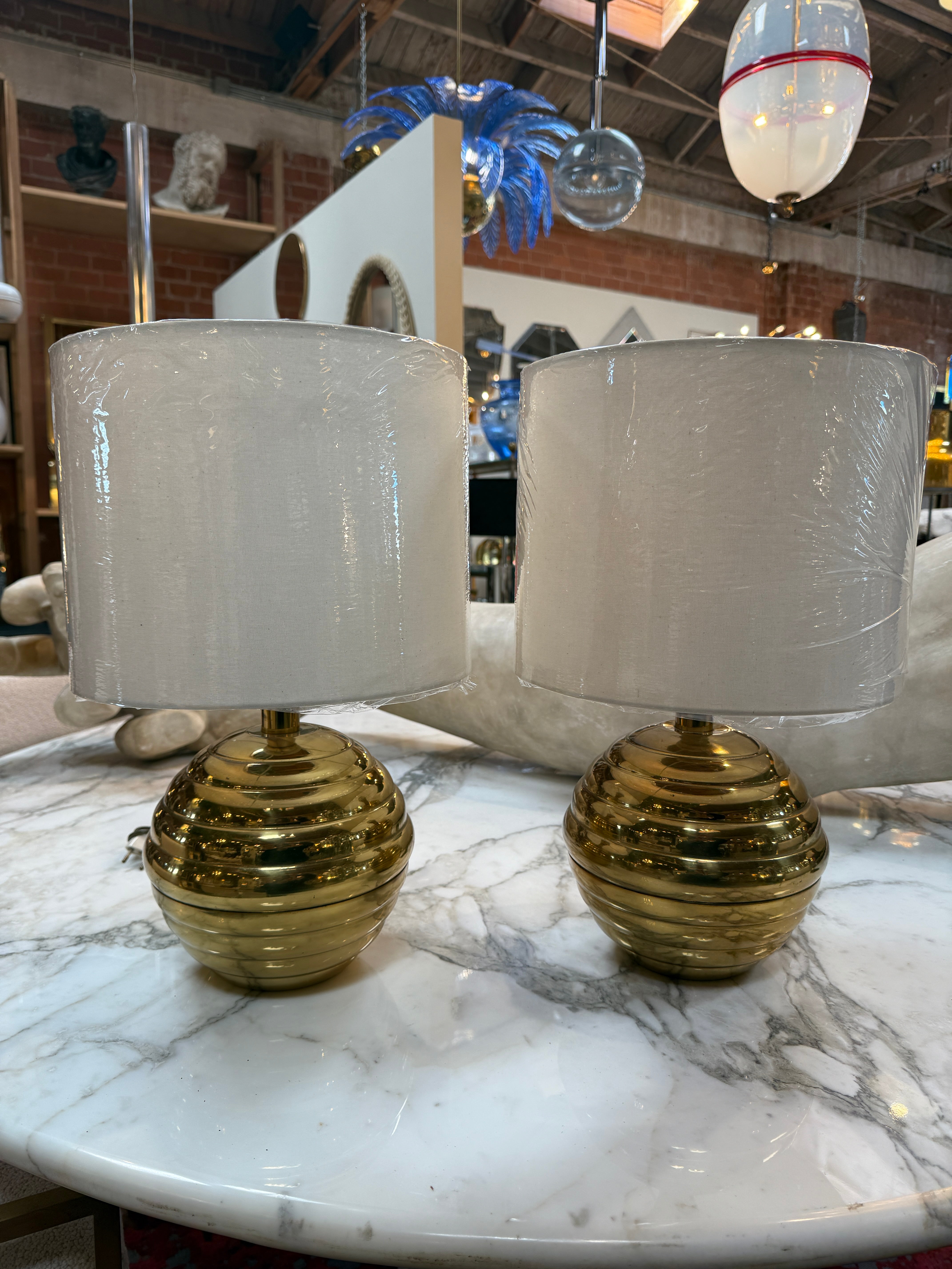 Pair of Brass Ribbed Base Table Lamps with Drum Shades