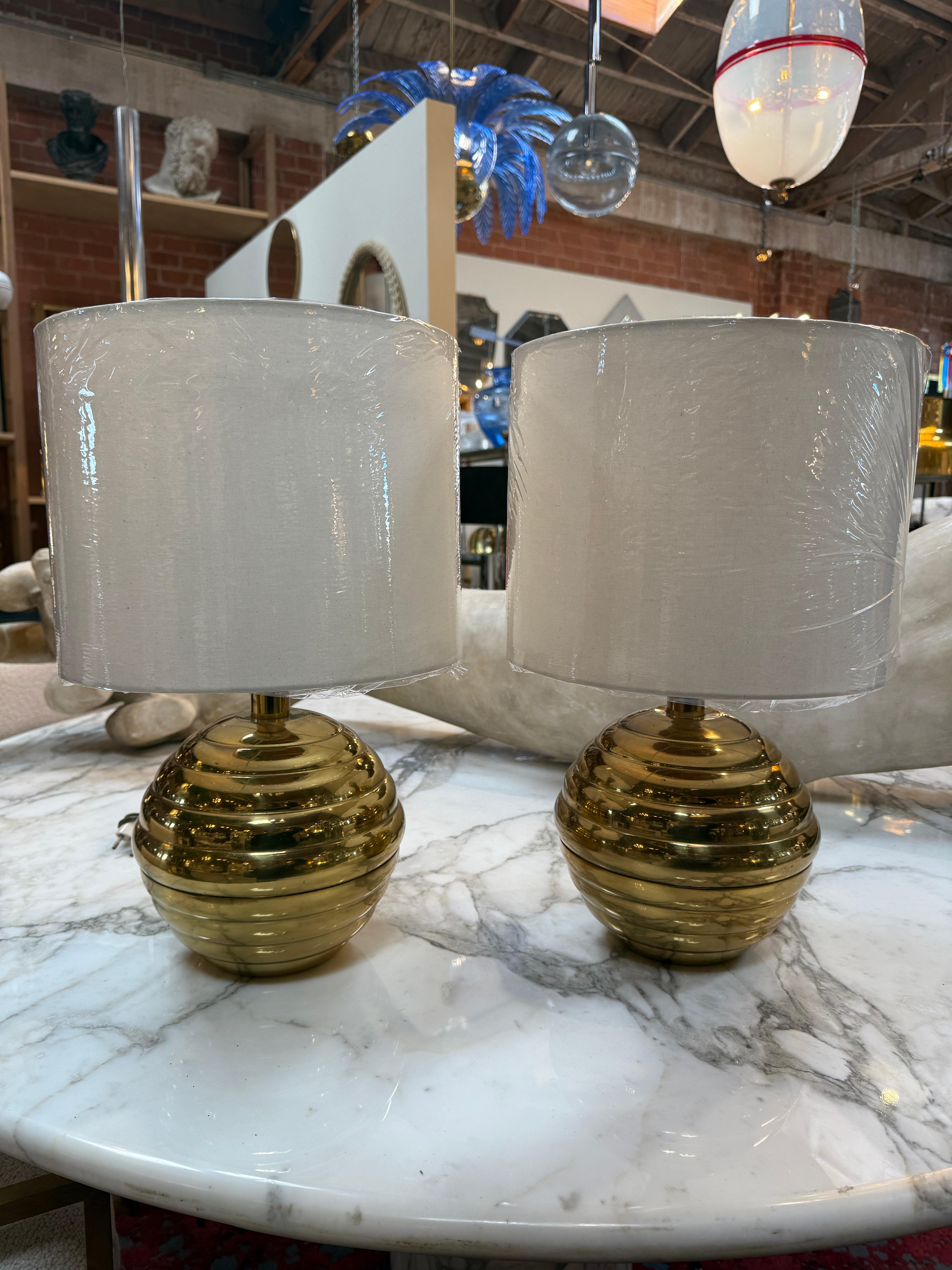 Pair of Brass Ribbed Base Table Lamps with Drum Shades