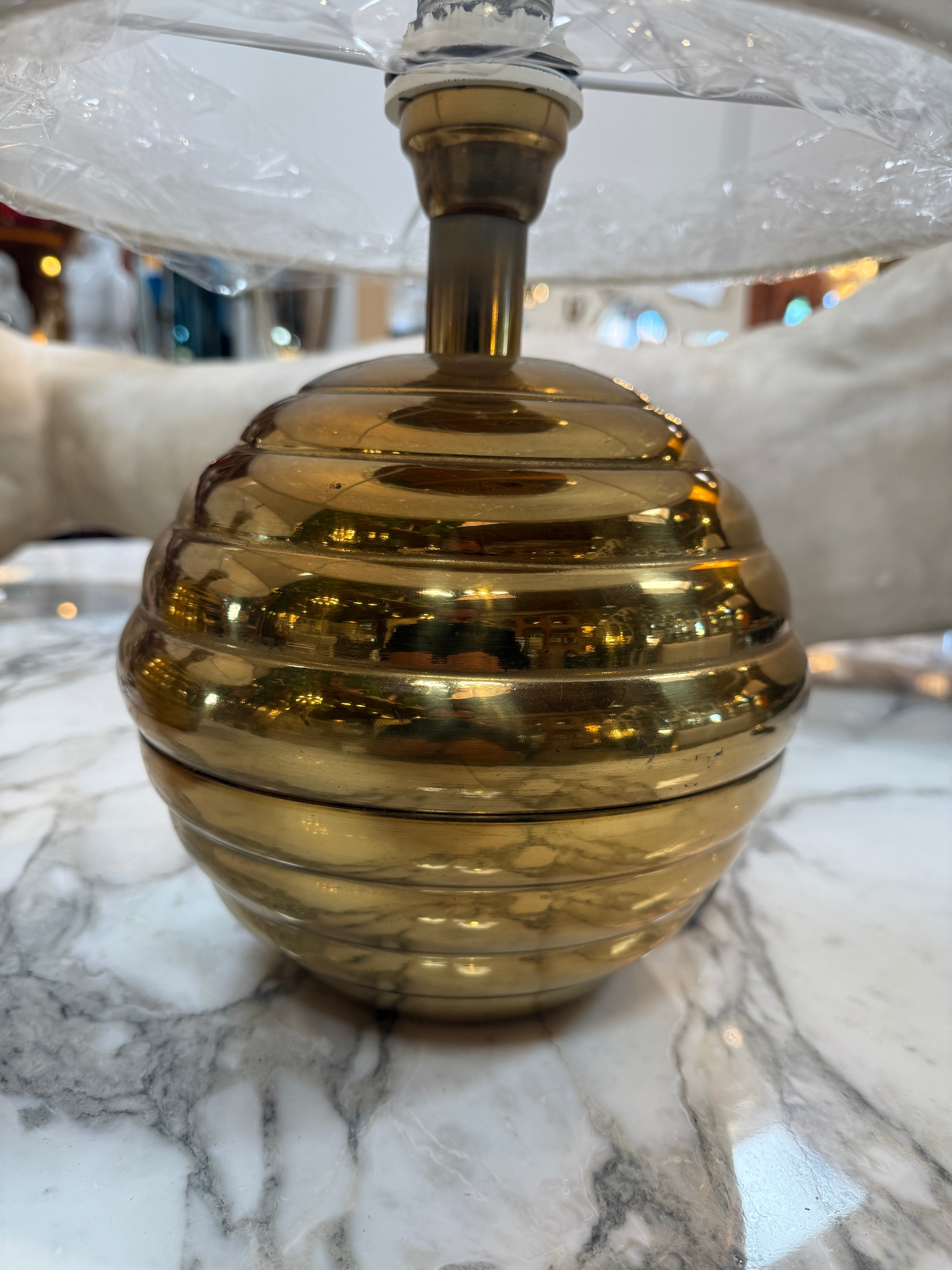 Pair of Brass Ribbed Base Table Lamps with Drum Shades